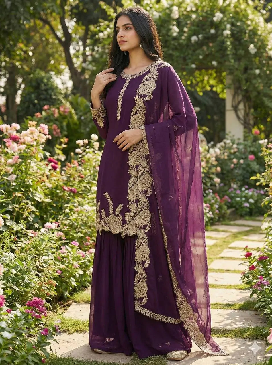 Embroidered Faux Georgette Kurti Palazzo Set with Dupatta