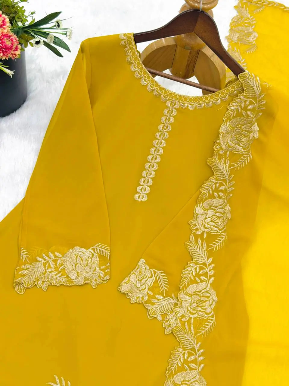 Embroidered Faux Georgette Kurti Palazzo Set with Dupatta