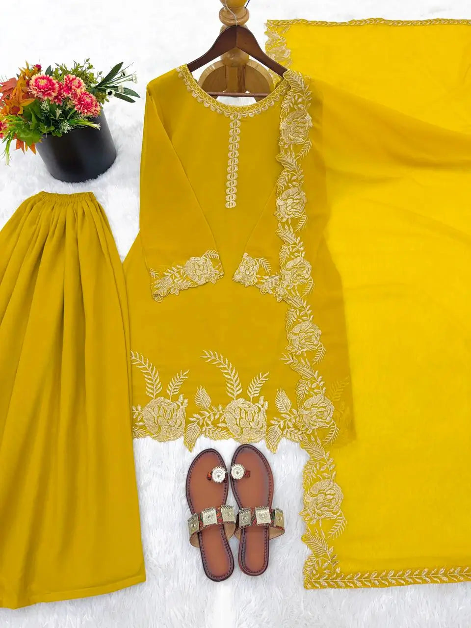 Embroidered Faux Georgette Kurti Palazzo Set with Dupatta