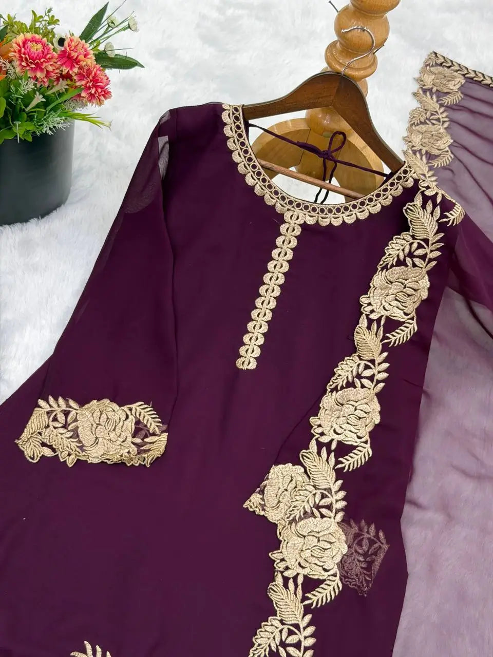 Embroidered Faux Georgette Kurti Palazzo Set with Dupatta