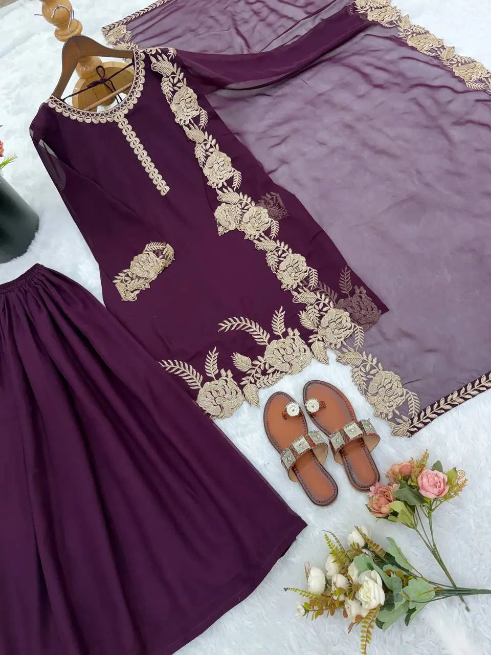 Embroidered Faux Georgette Kurti Palazzo Set with Dupatta