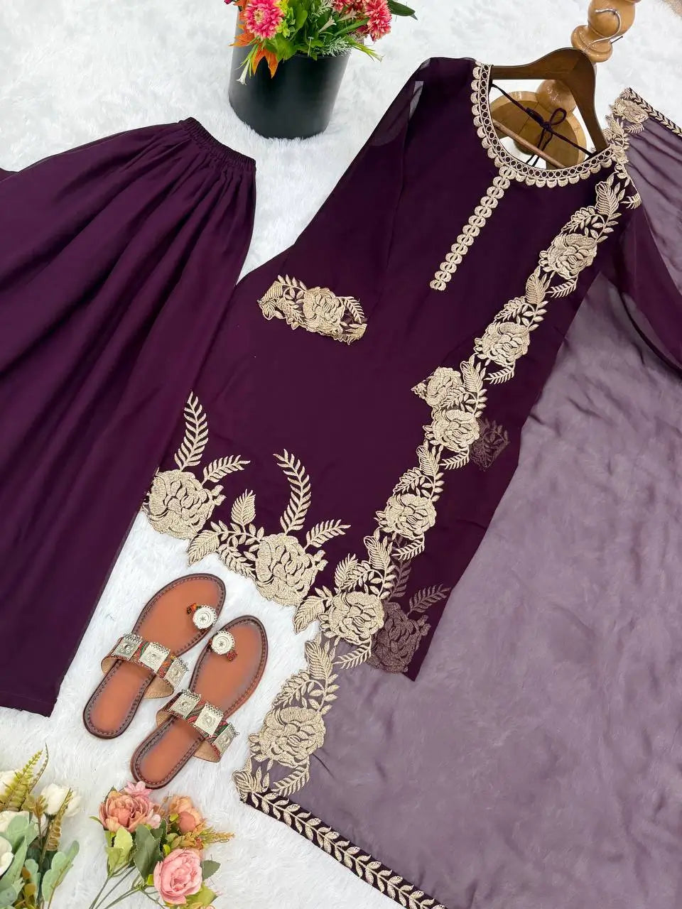 Embroidered Faux Georgette Kurti Palazzo Set with Dupatta