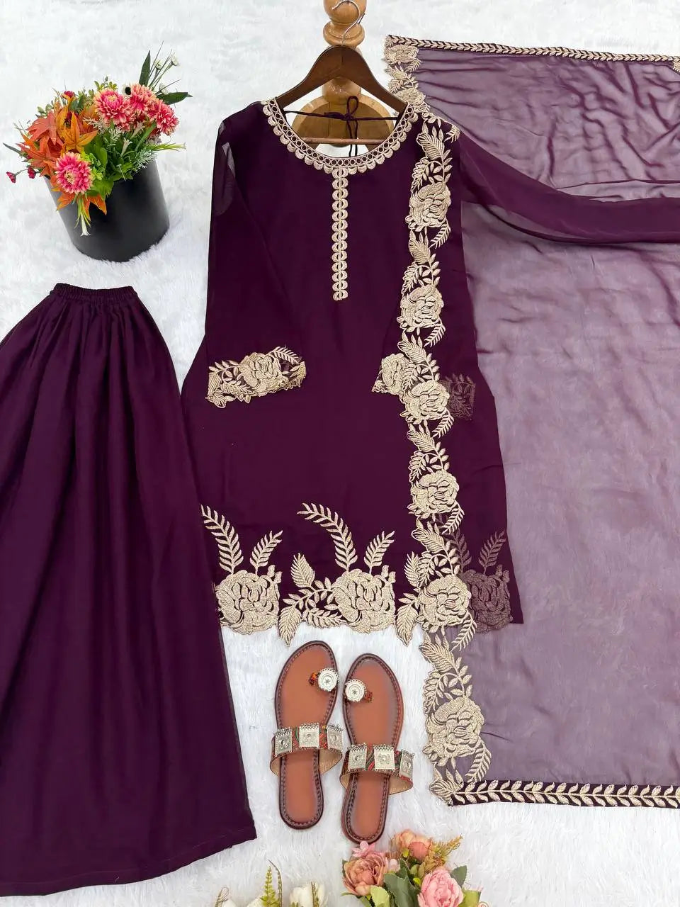 Embroidered Faux Georgette Kurti Palazzo Set with Dupatta
