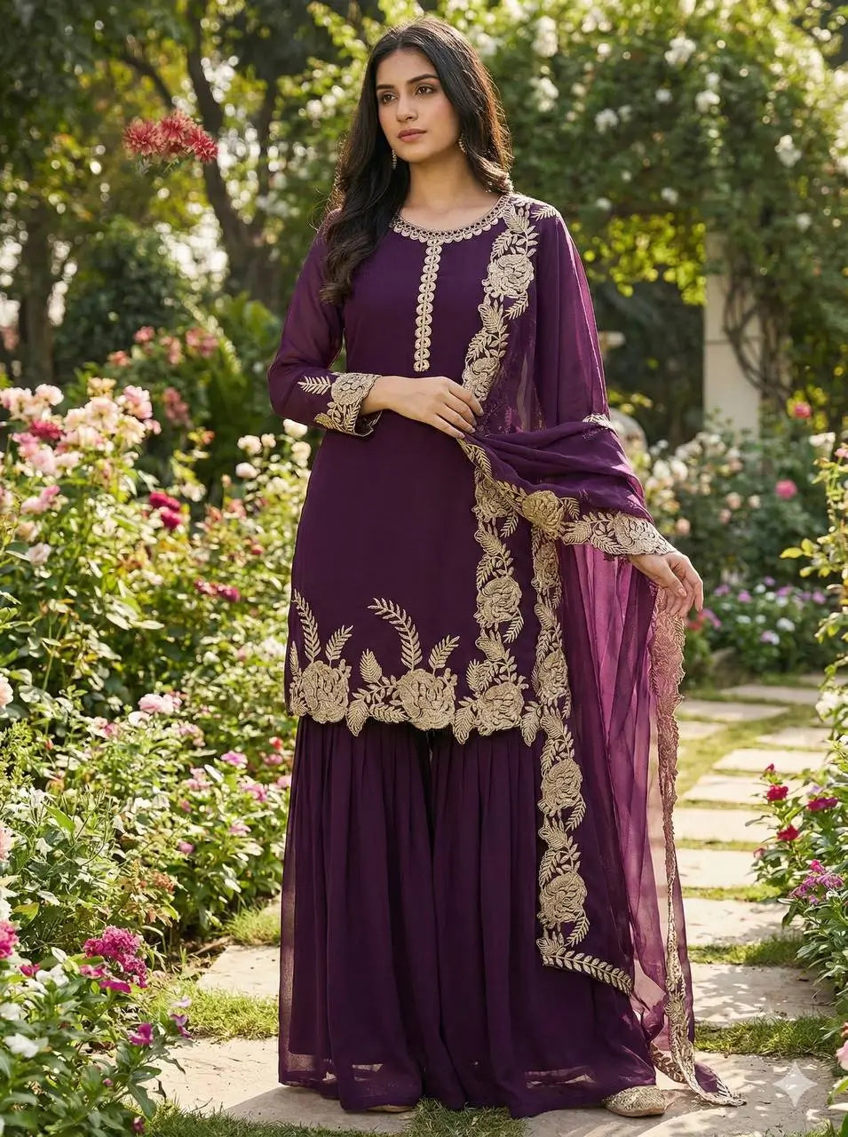 Embroidered Faux Georgette Kurti Palazzo Set with Dupatta