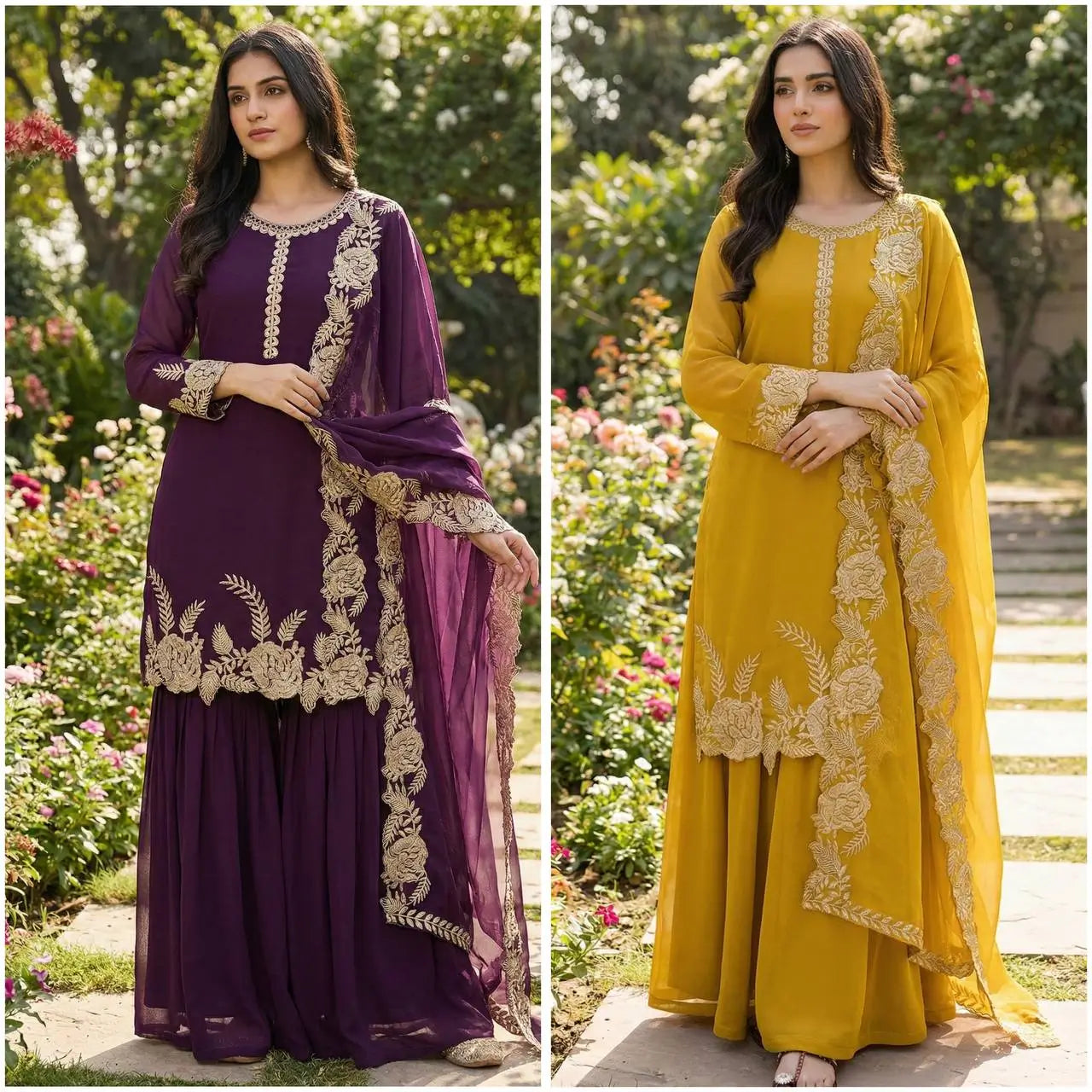 Embroidered Faux Georgette Kurti Palazzo Set with Dupatta