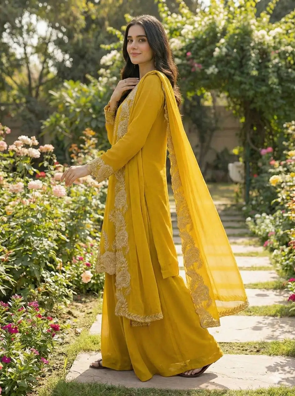 Embroidered Faux Georgette Kurti Palazzo Set with Dupatta