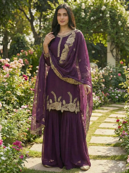 Embroidered Faux Georgette Kurti Palazzo Set with Dupatta