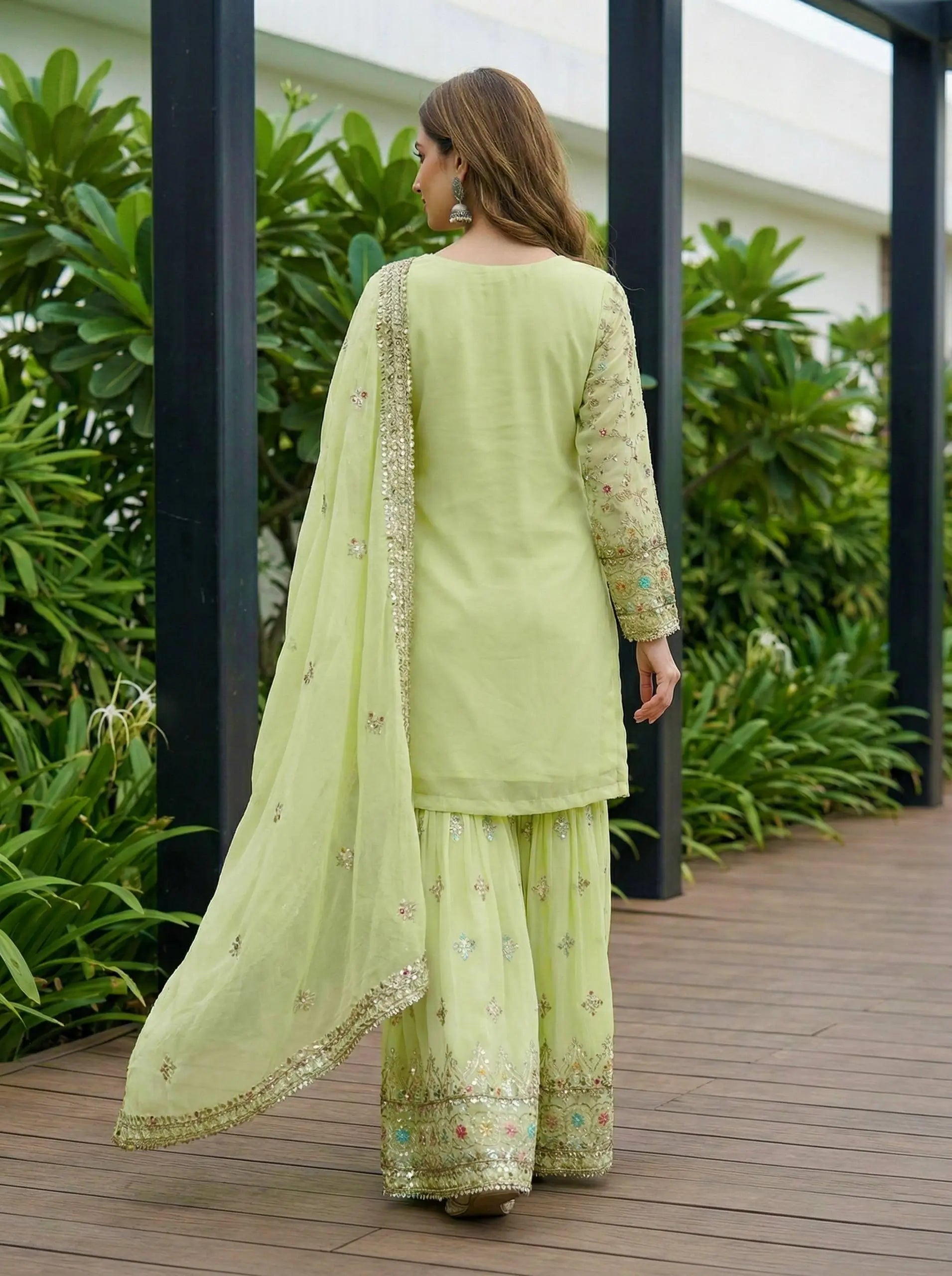 Embroidered Faux Georgette Kurti Sharara Set