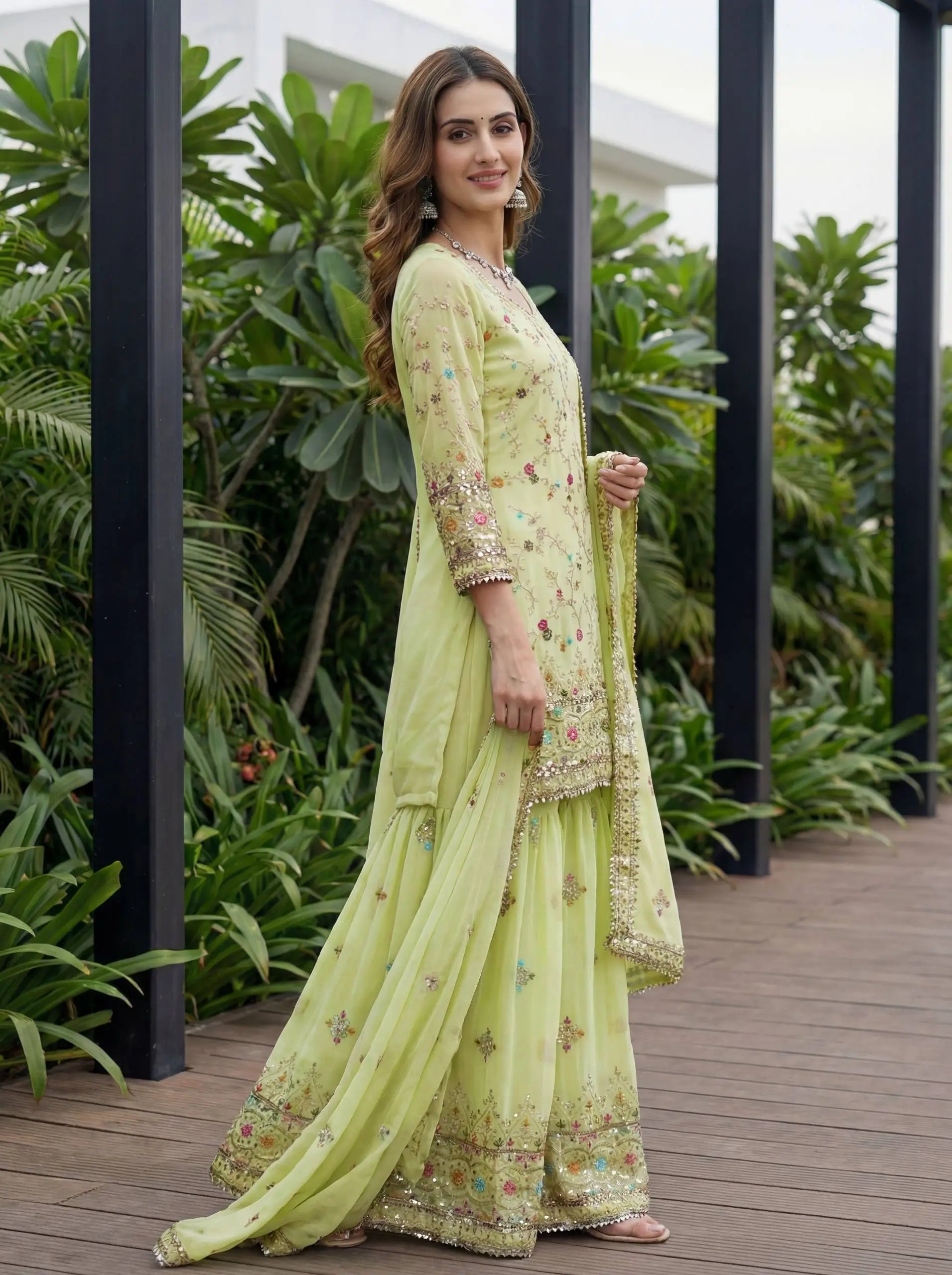 Embroidered Faux Georgette Kurti Sharara Set