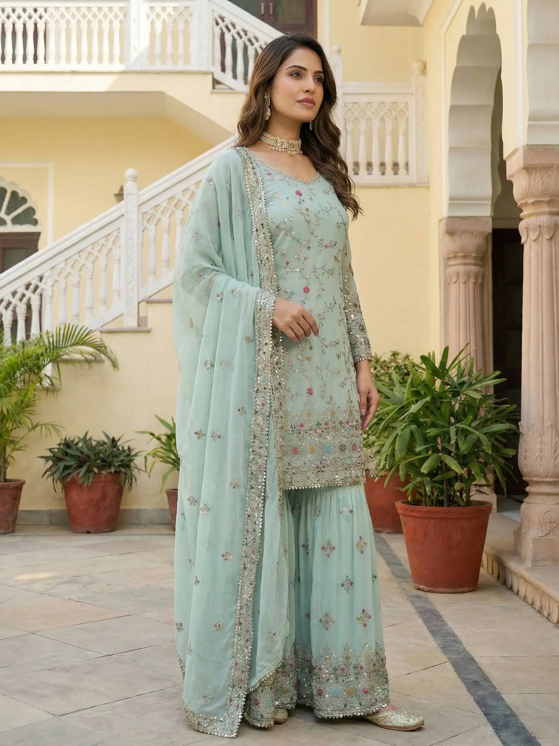 Embroidered Faux Georgette Kurti Sharara Set