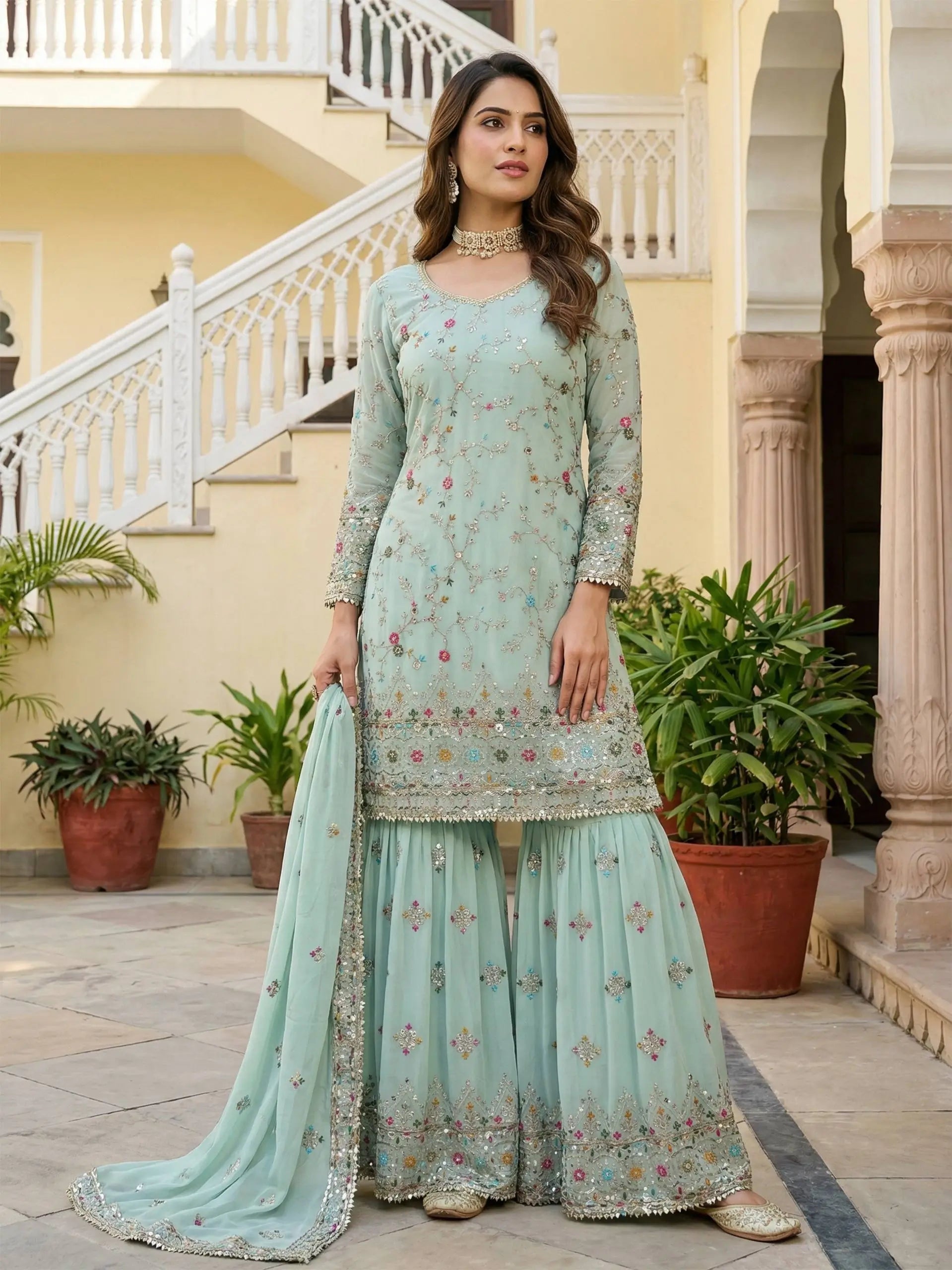 Embroidered Faux Georgette Kurti Sharara Set