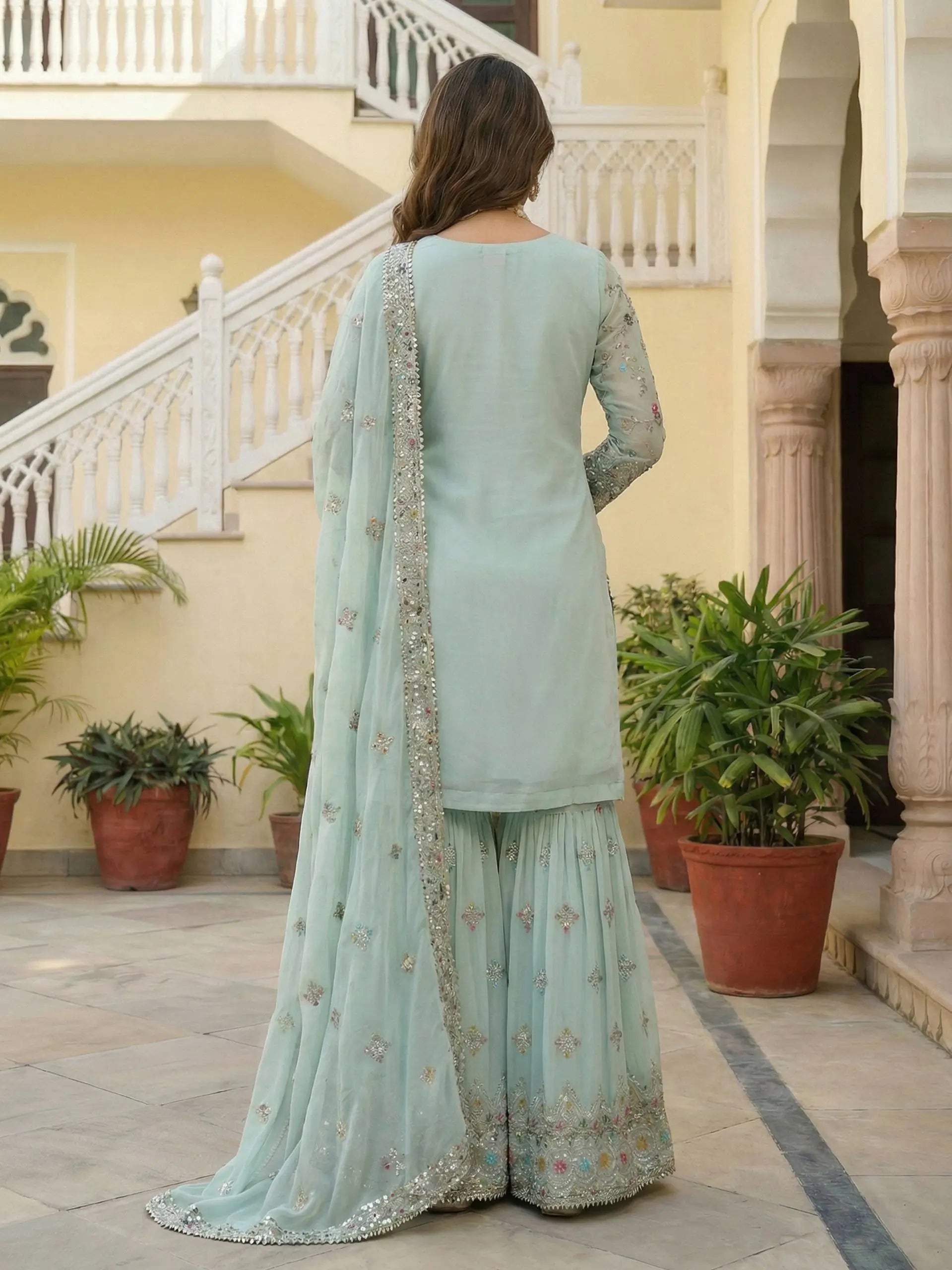 Embroidered Faux Georgette Kurti Sharara Set