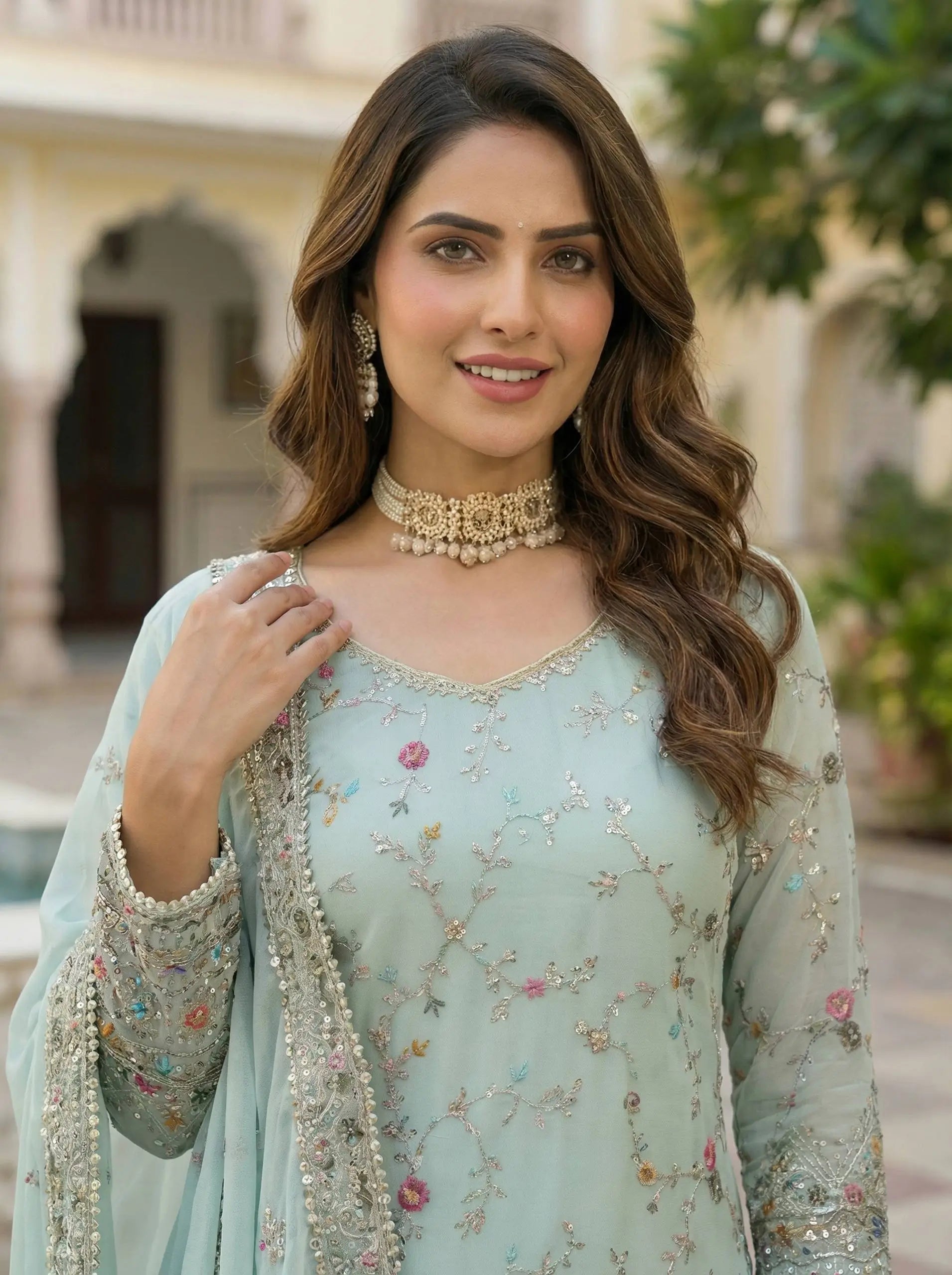 Embroidered Faux Georgette Kurti Sharara Set