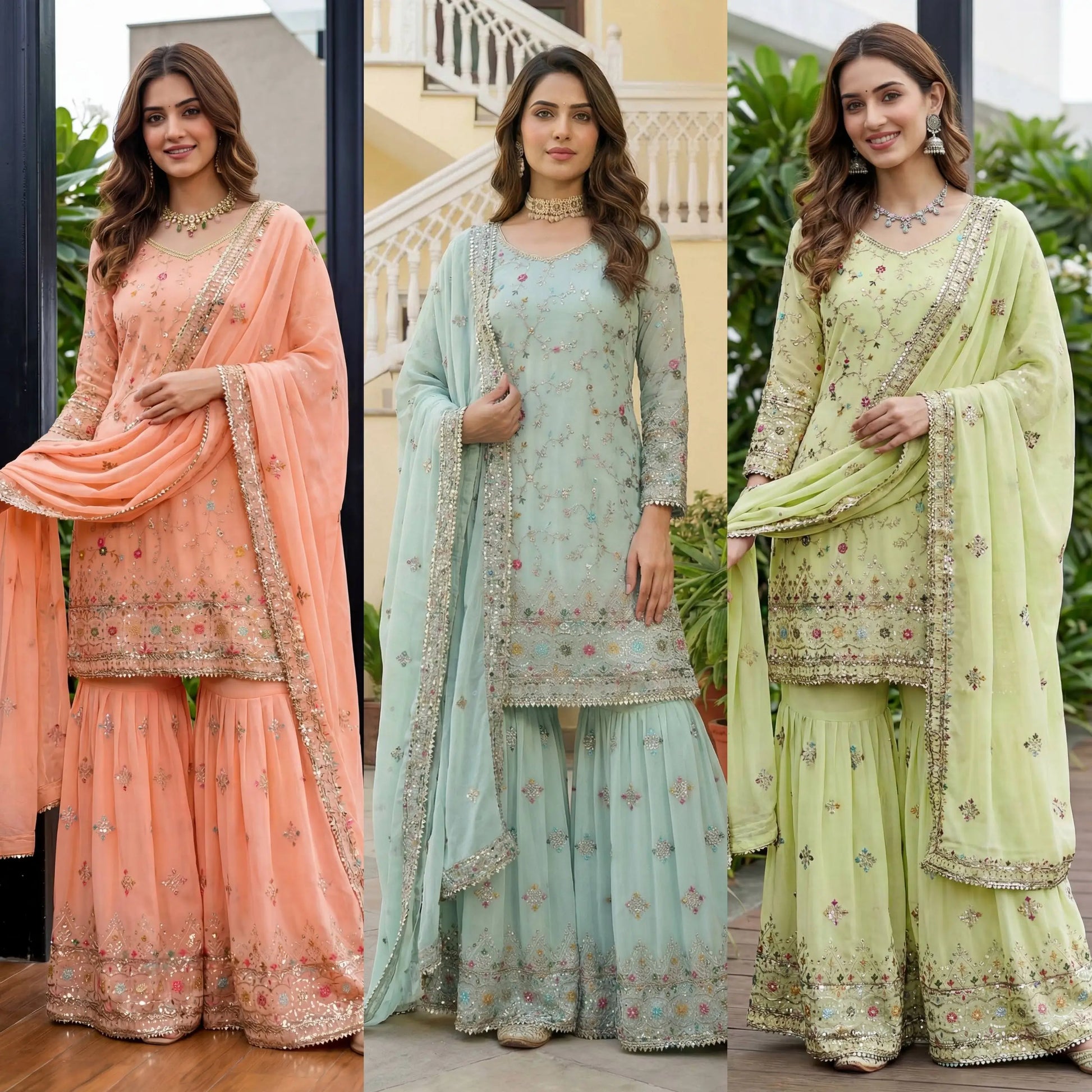 Embroidered Faux Georgette Kurti Sharara Set