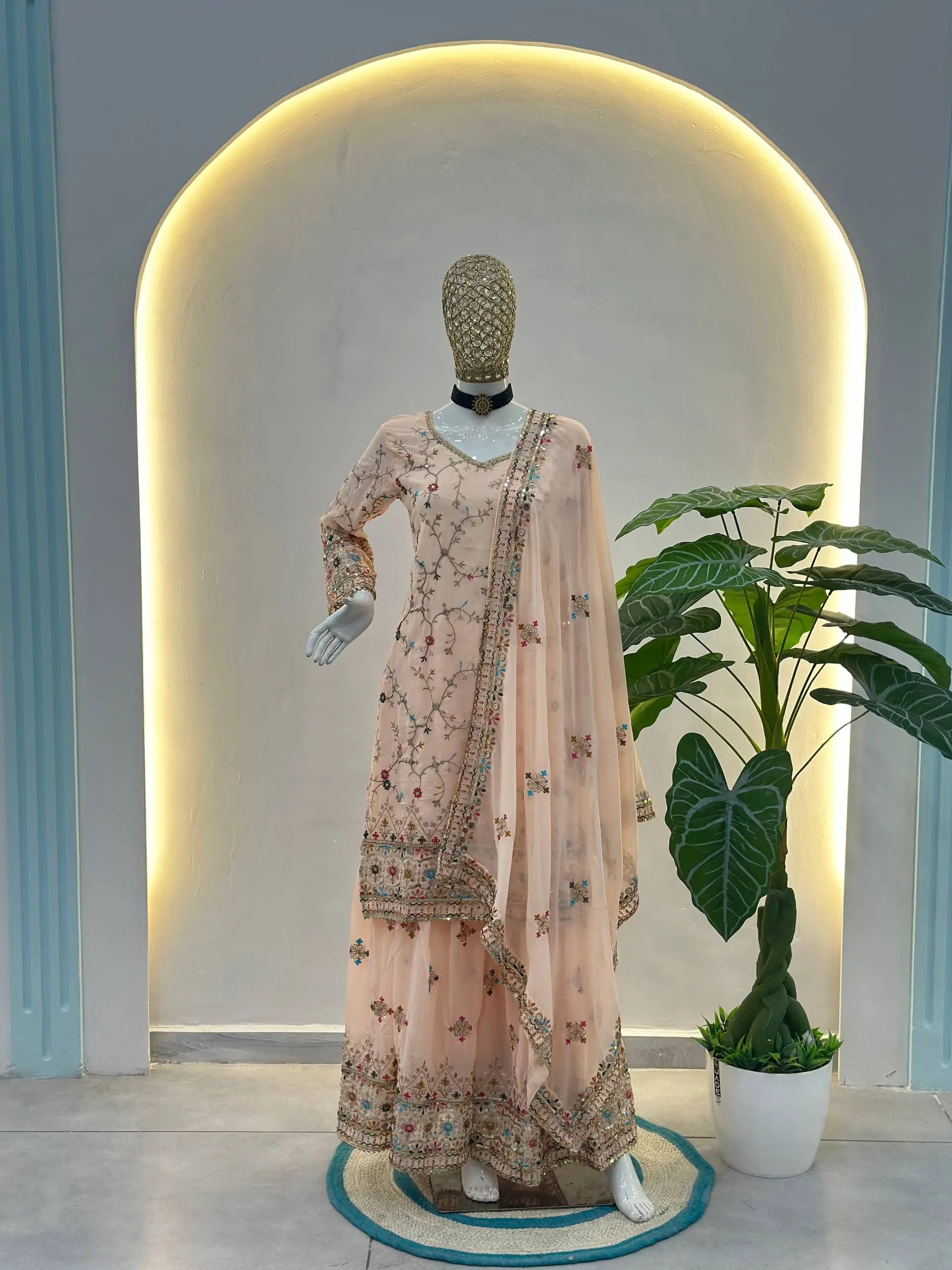 Embroidered Faux Georgette Kurti Sharara Set