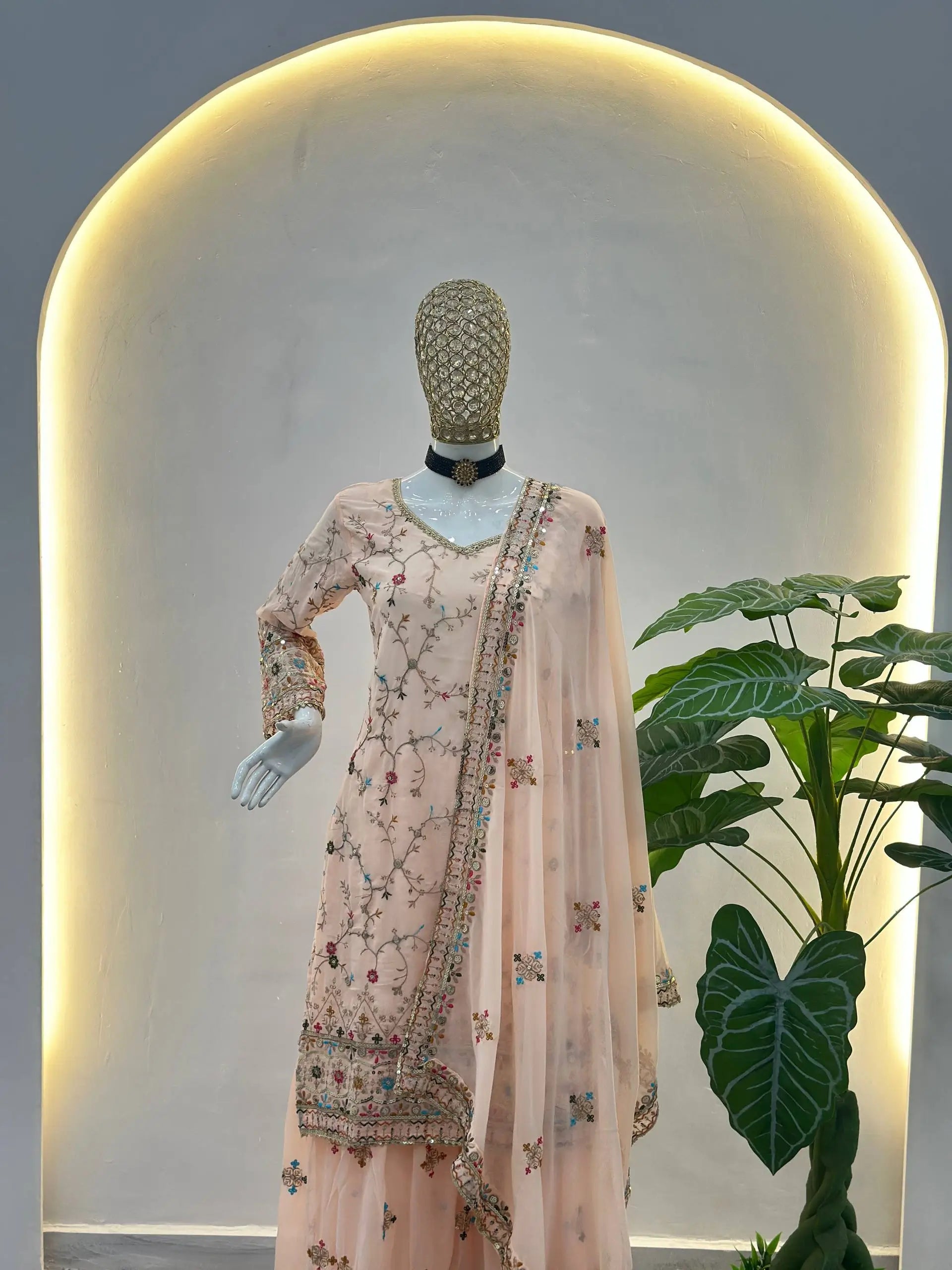 Embroidered Faux Georgette Kurti Sharara Set