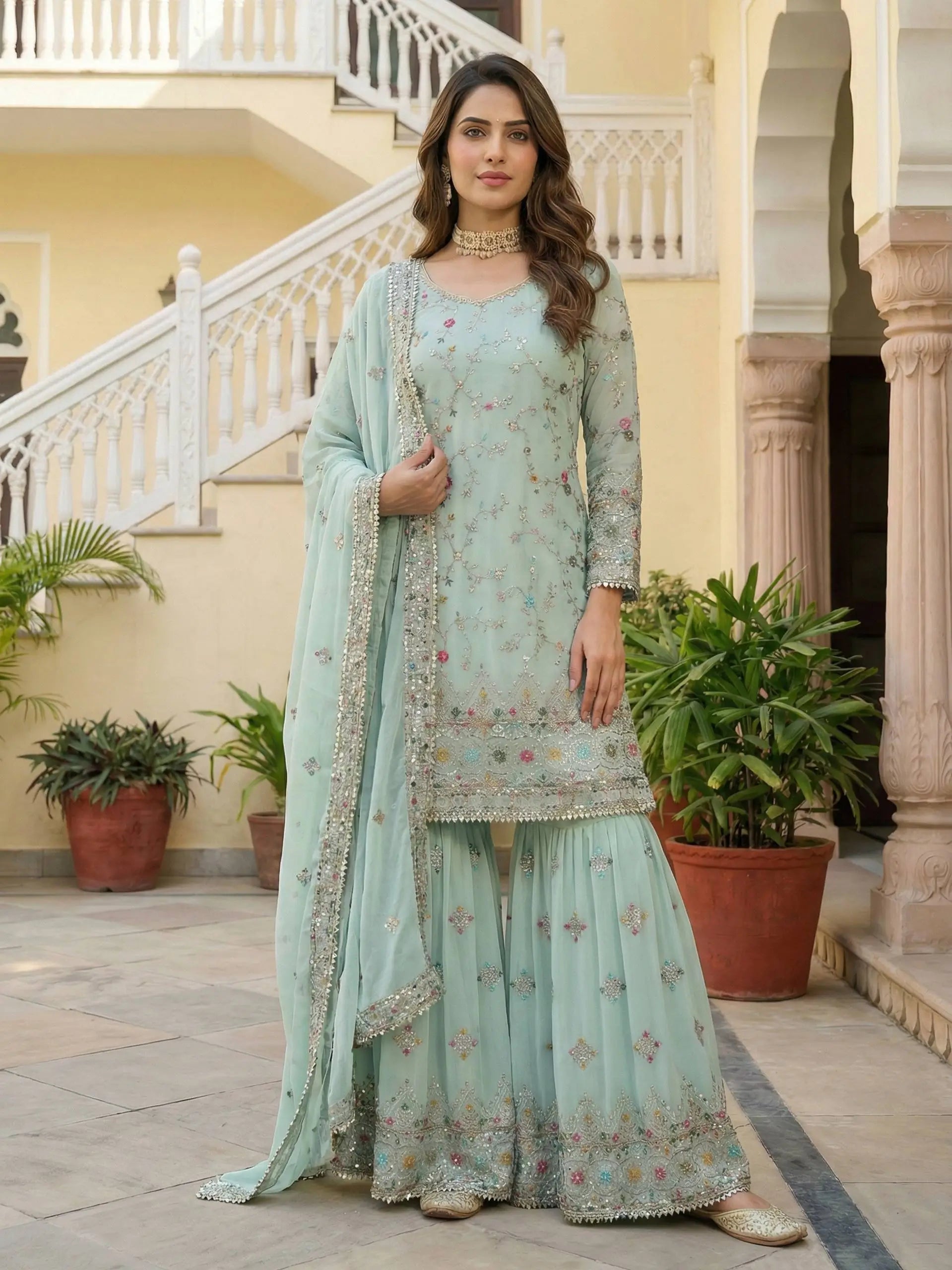 Embroidered Faux Georgette Kurti Sharara Set