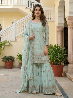 Embroidered Faux Georgette Kurti Sharara Set