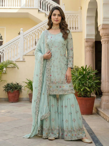 Embroidered Faux Georgette Kurti Sharara Set