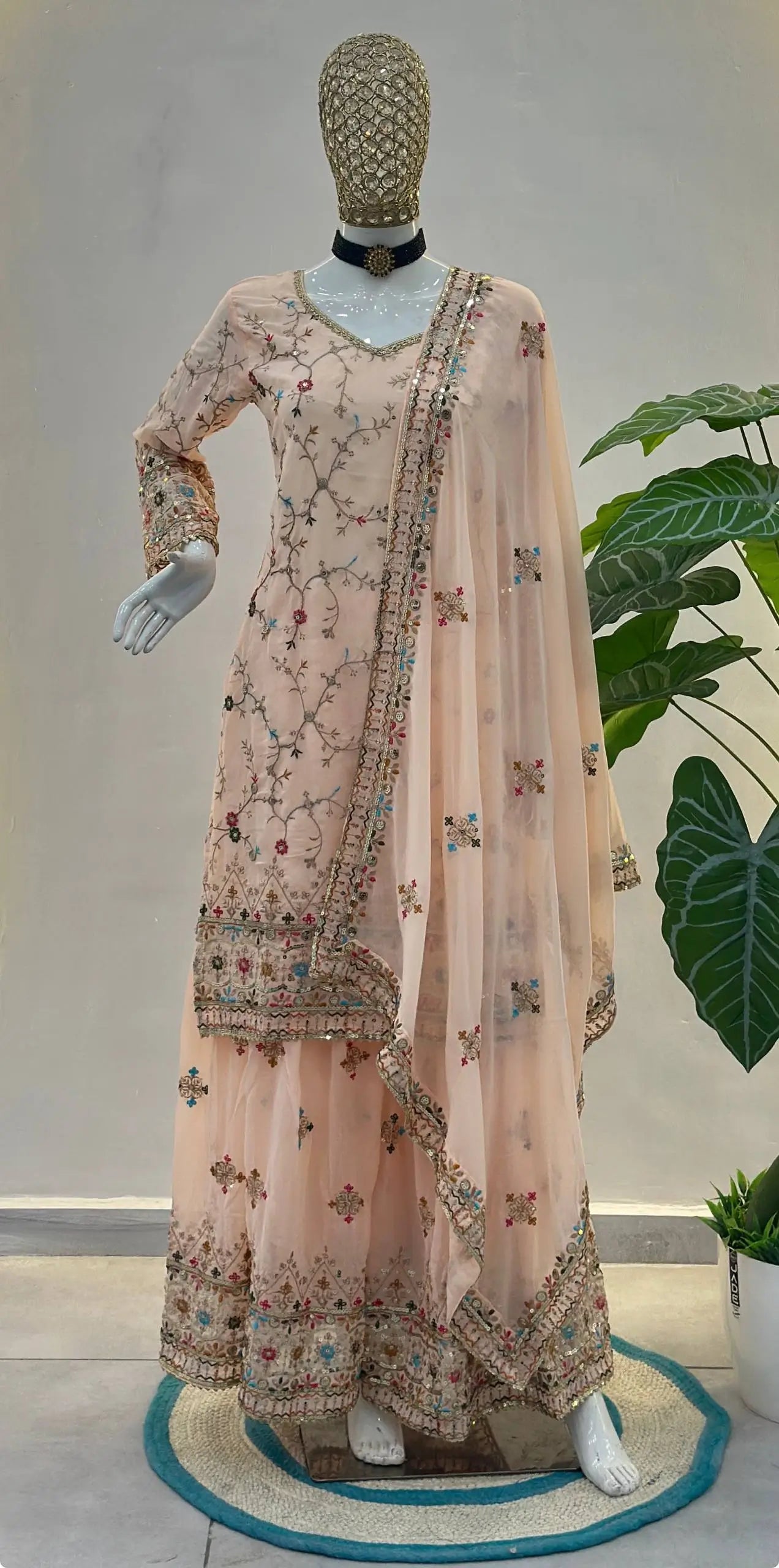 Embroidered Faux Georgette Kurti Sharara Set
