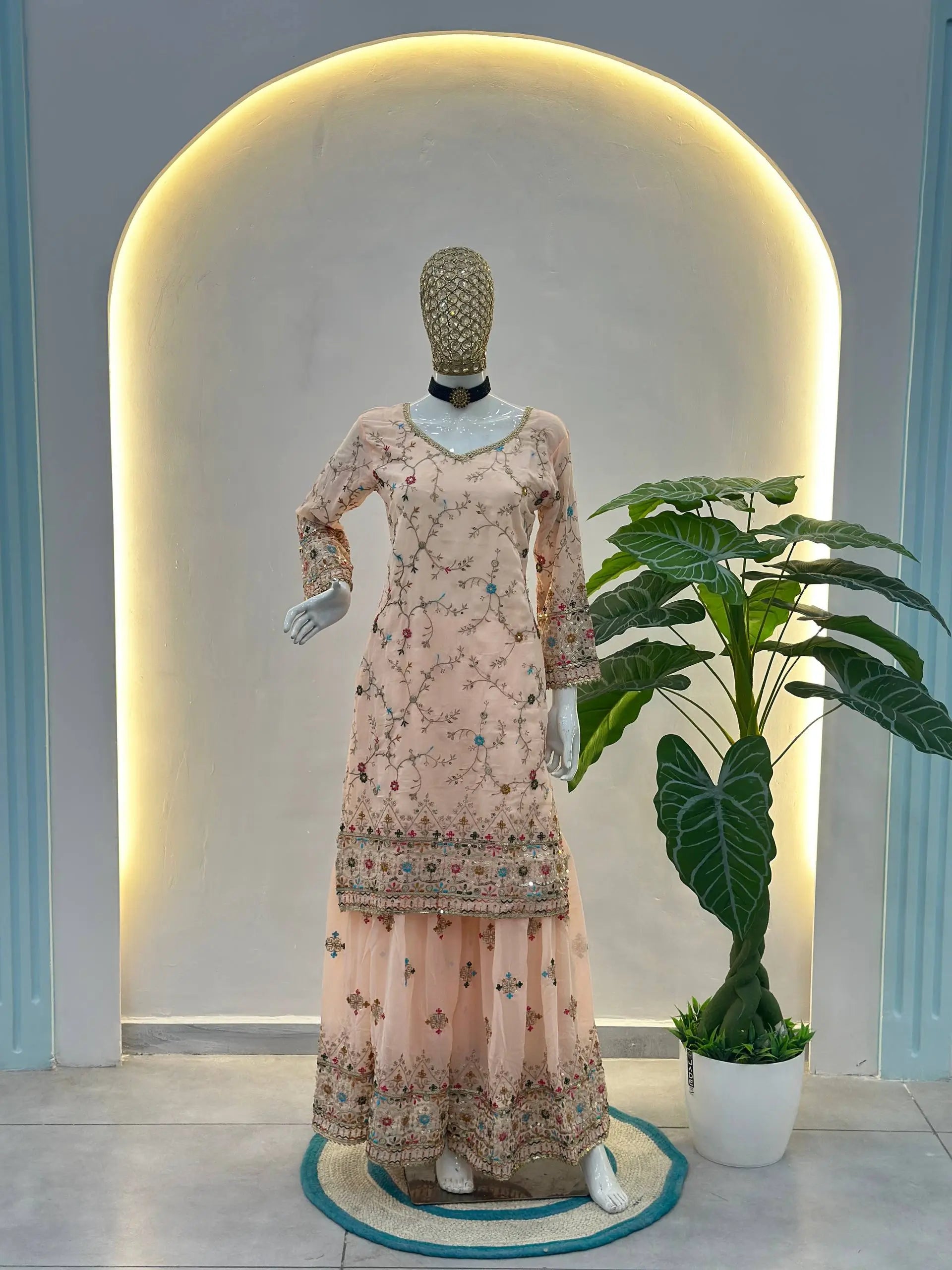 Embroidered Faux Georgette Kurti Sharara Set