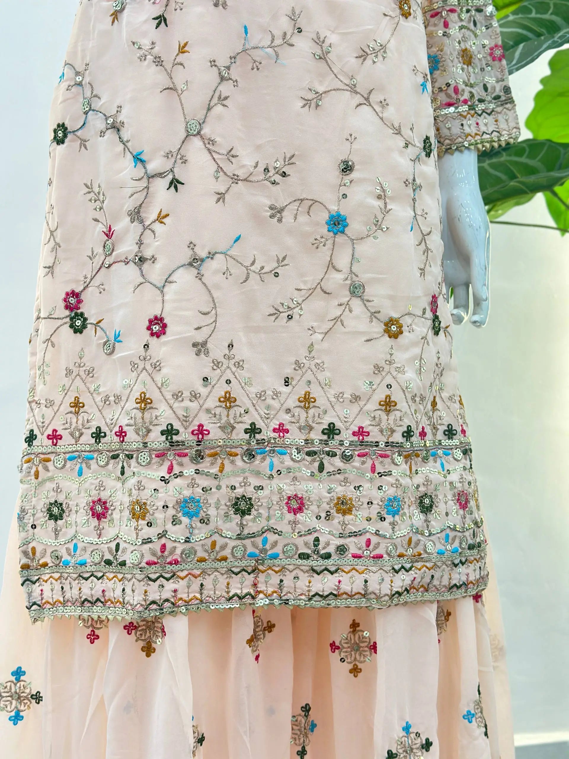 Embroidered Faux Georgette Kurti Sharara Set