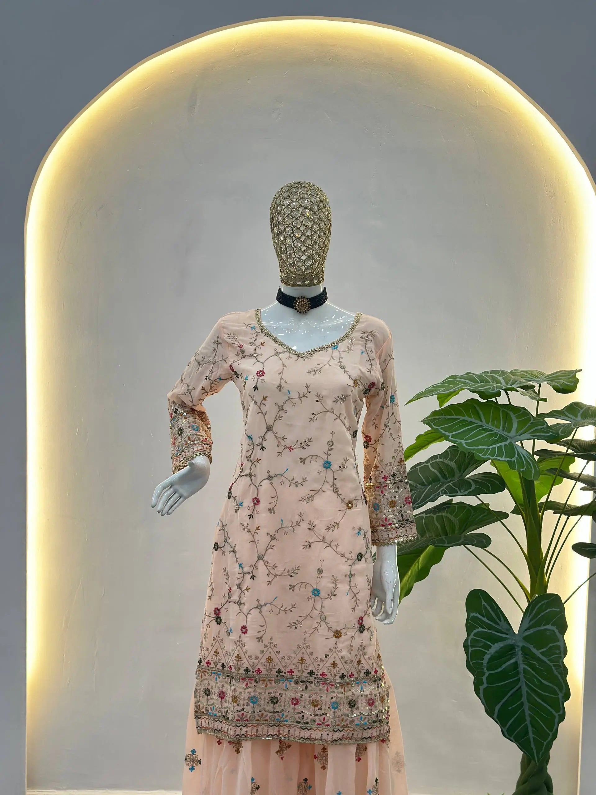 Embroidered Faux Georgette Kurti Sharara Set