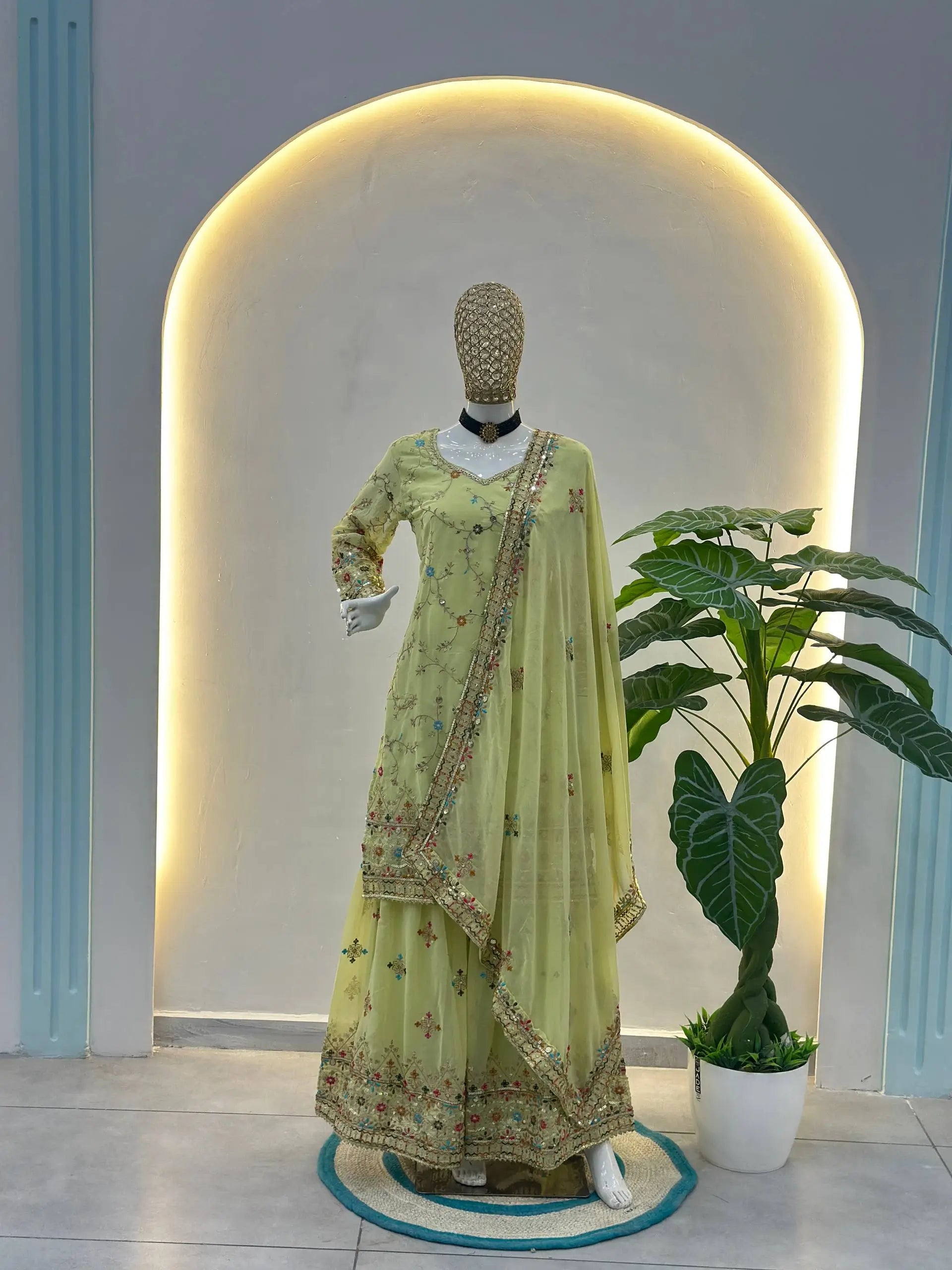 Embroidered Faux Georgette Kurti Sharara Set