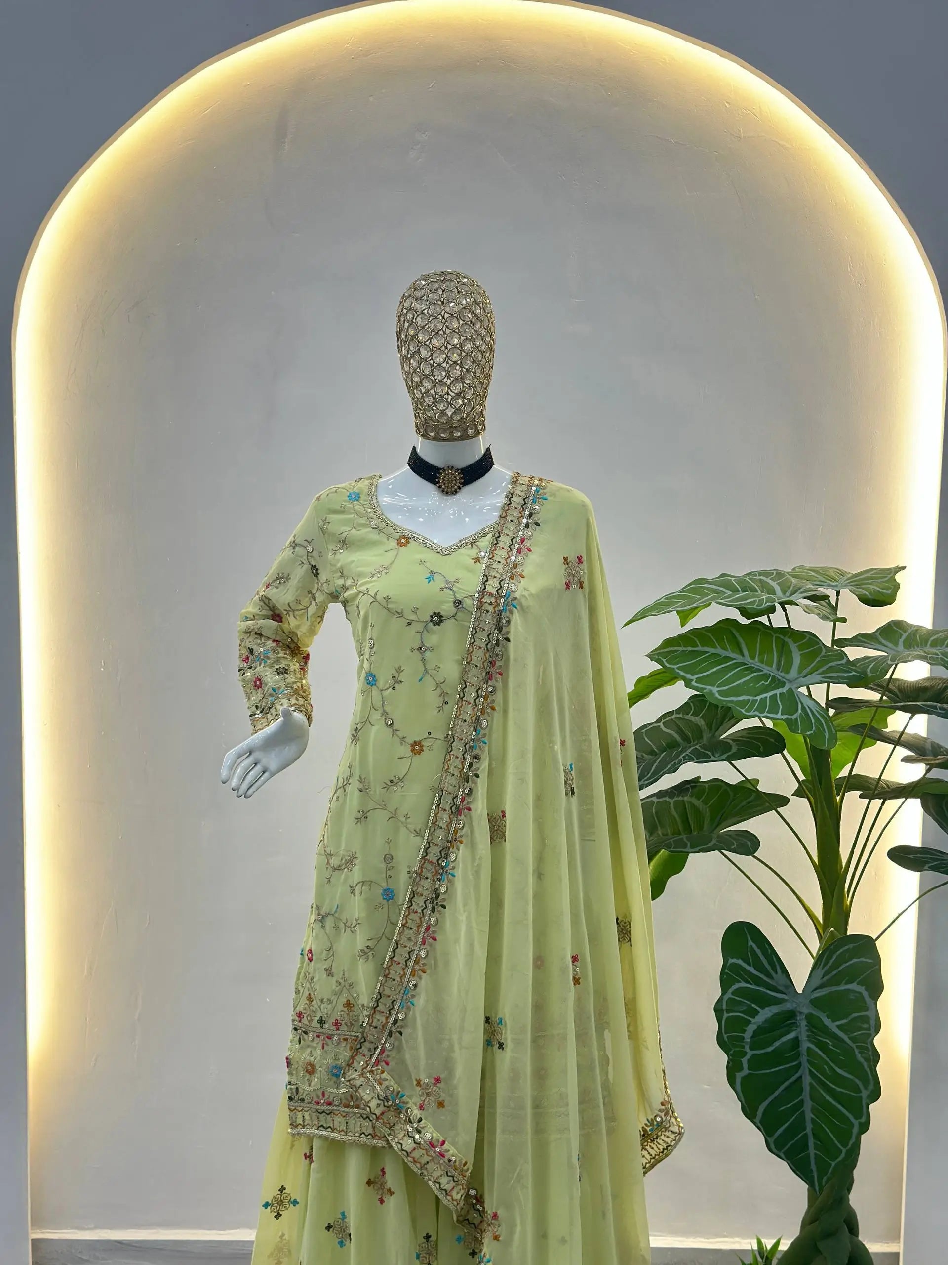 Embroidered Faux Georgette Kurti Sharara Set