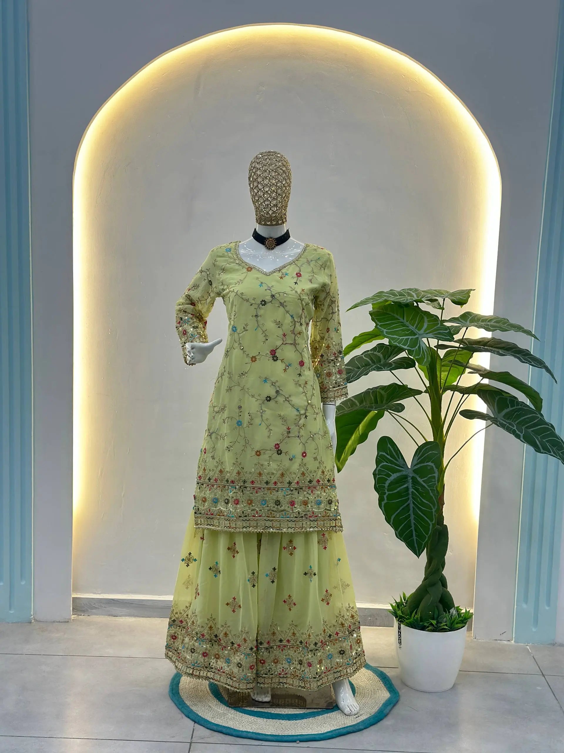 Embroidered Faux Georgette Kurti Sharara Set