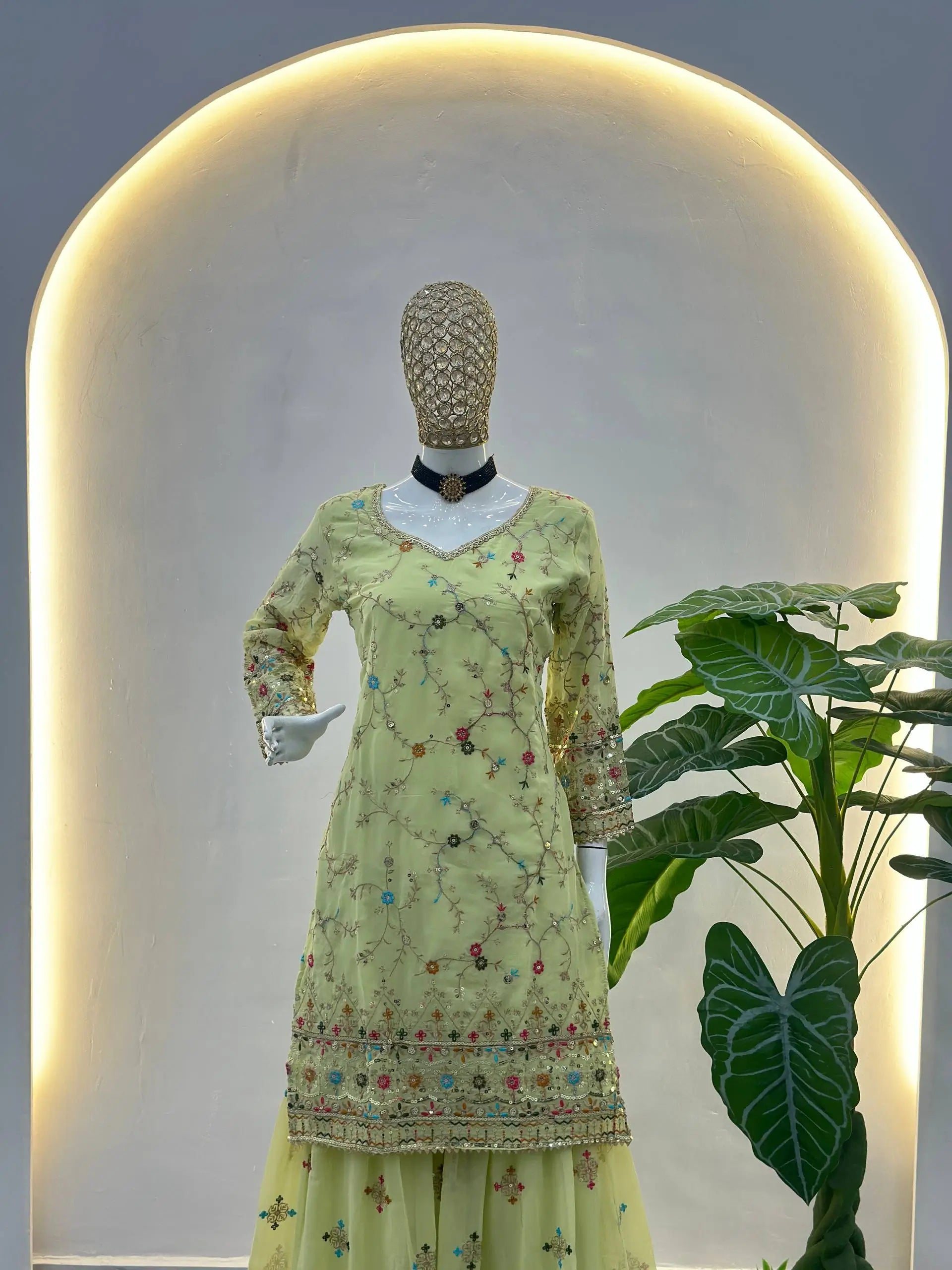 Embroidered Faux Georgette Kurti Sharara Set