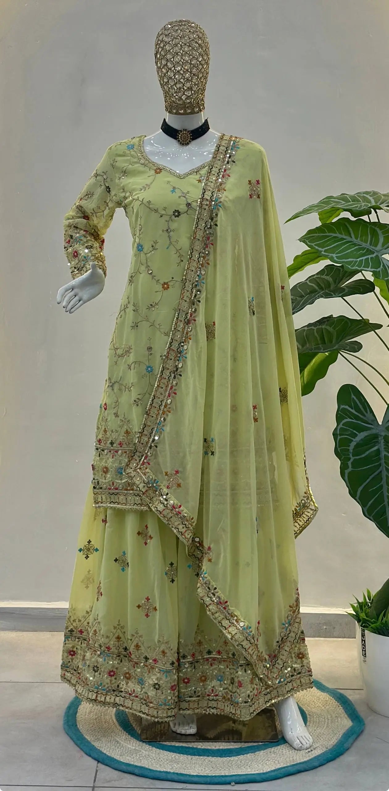 Embroidered Faux Georgette Kurti Sharara Set