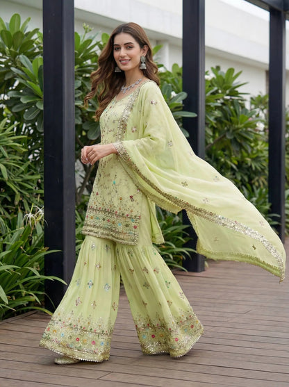 Embroidered Faux Georgette Kurti Sharara Set