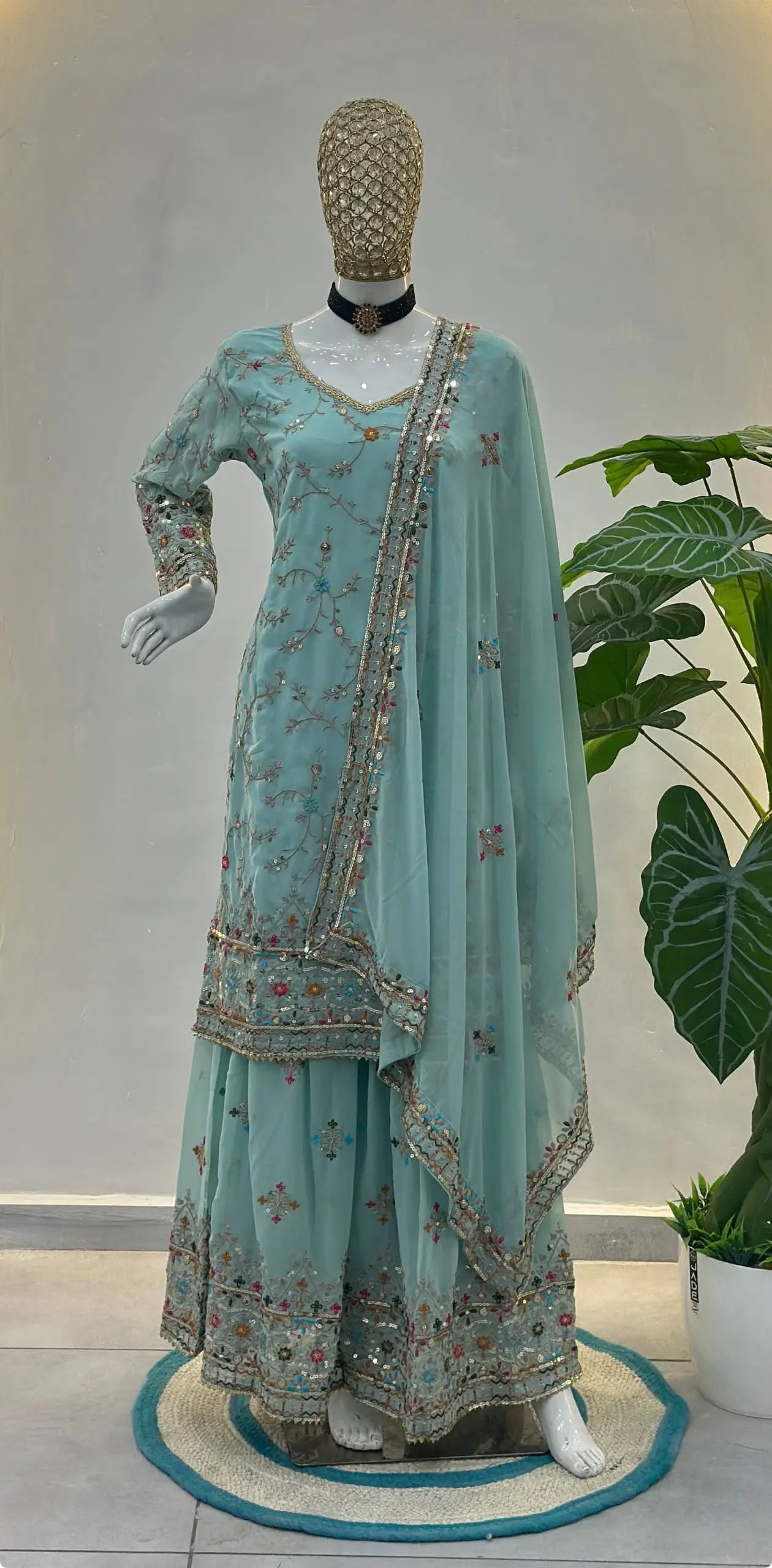 Embroidered Faux Georgette Kurti Sharara Set