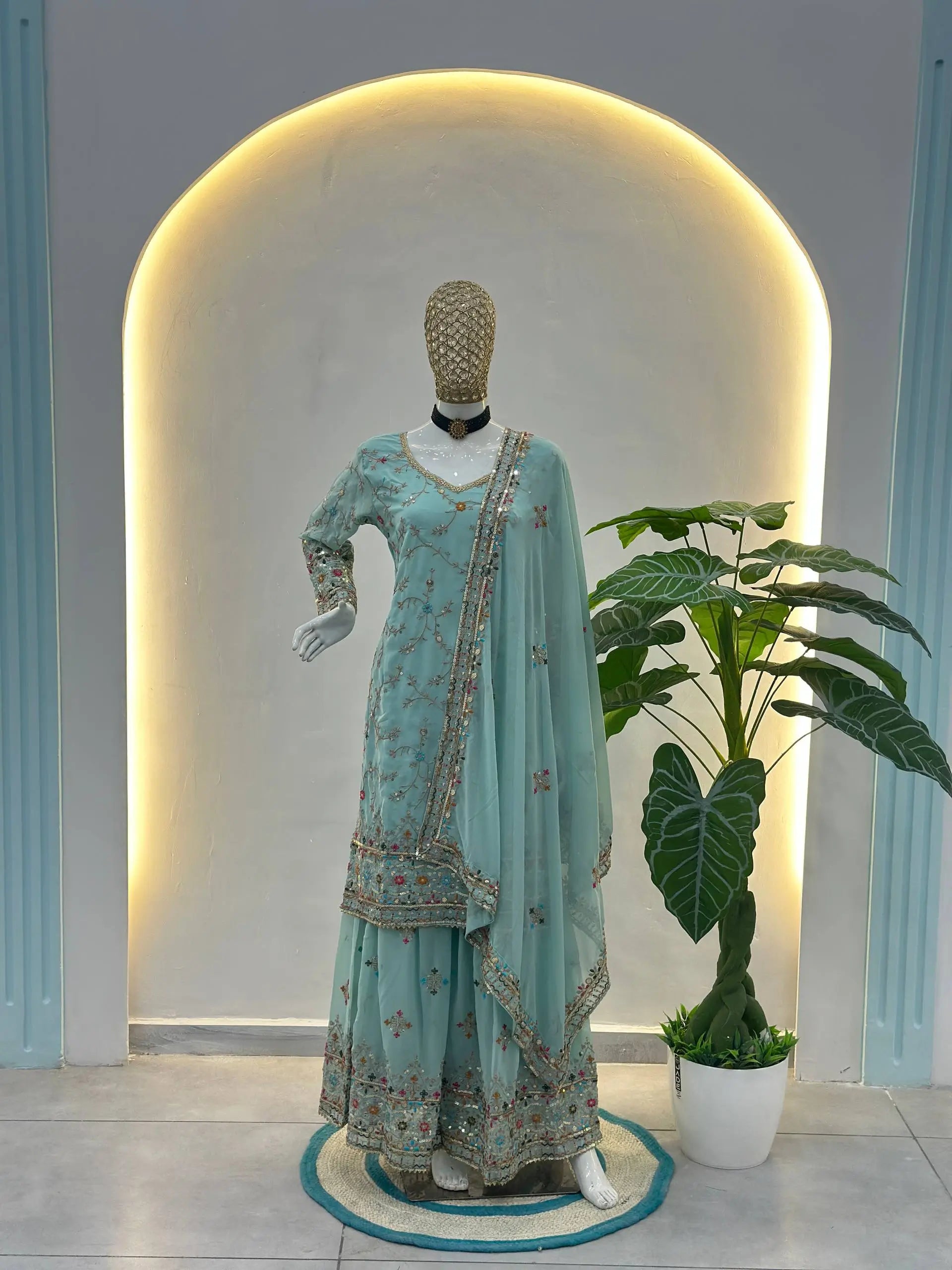 Embroidered Faux Georgette Kurti Sharara Set