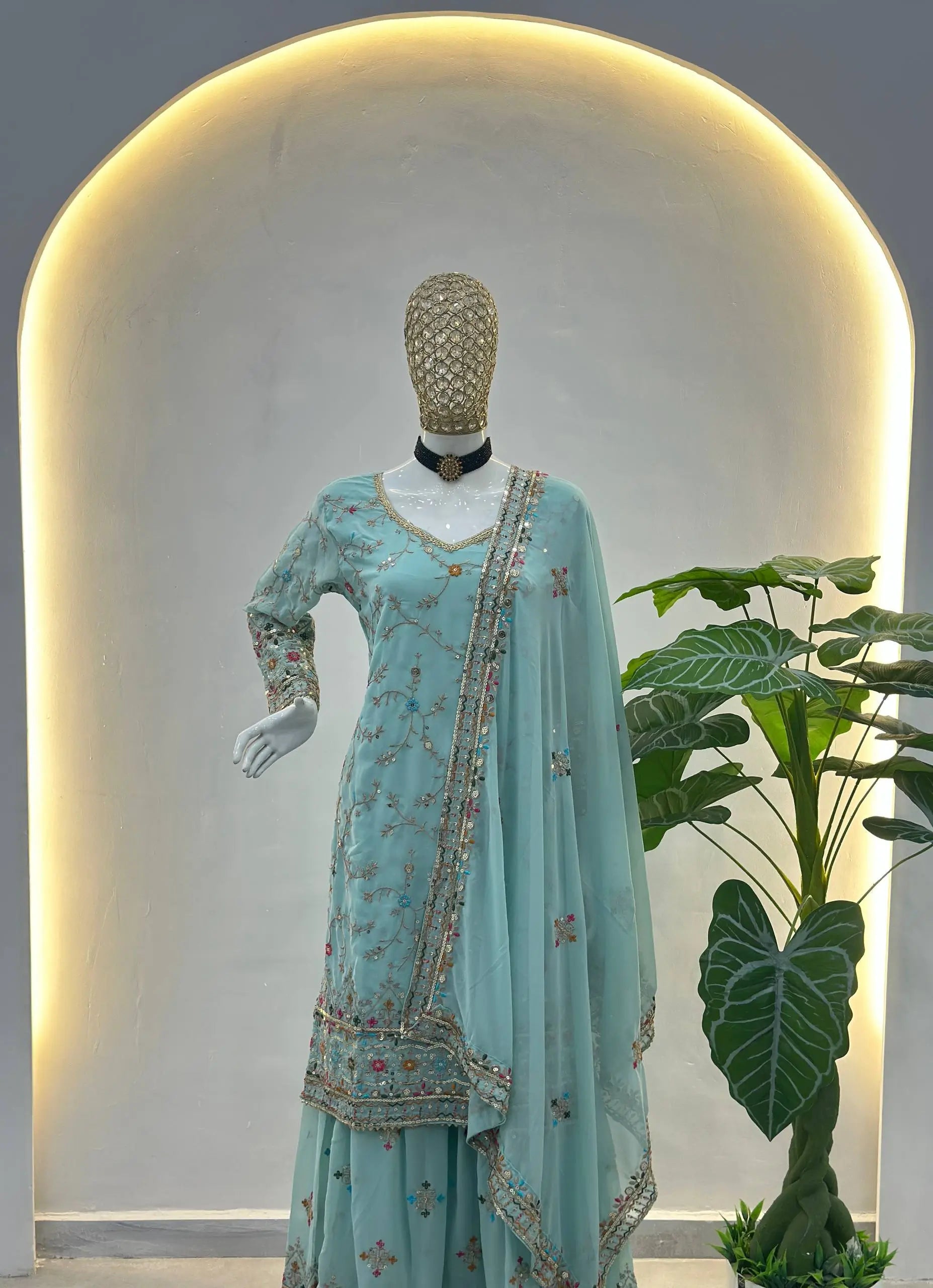 Embroidered Faux Georgette Kurti Sharara Set
