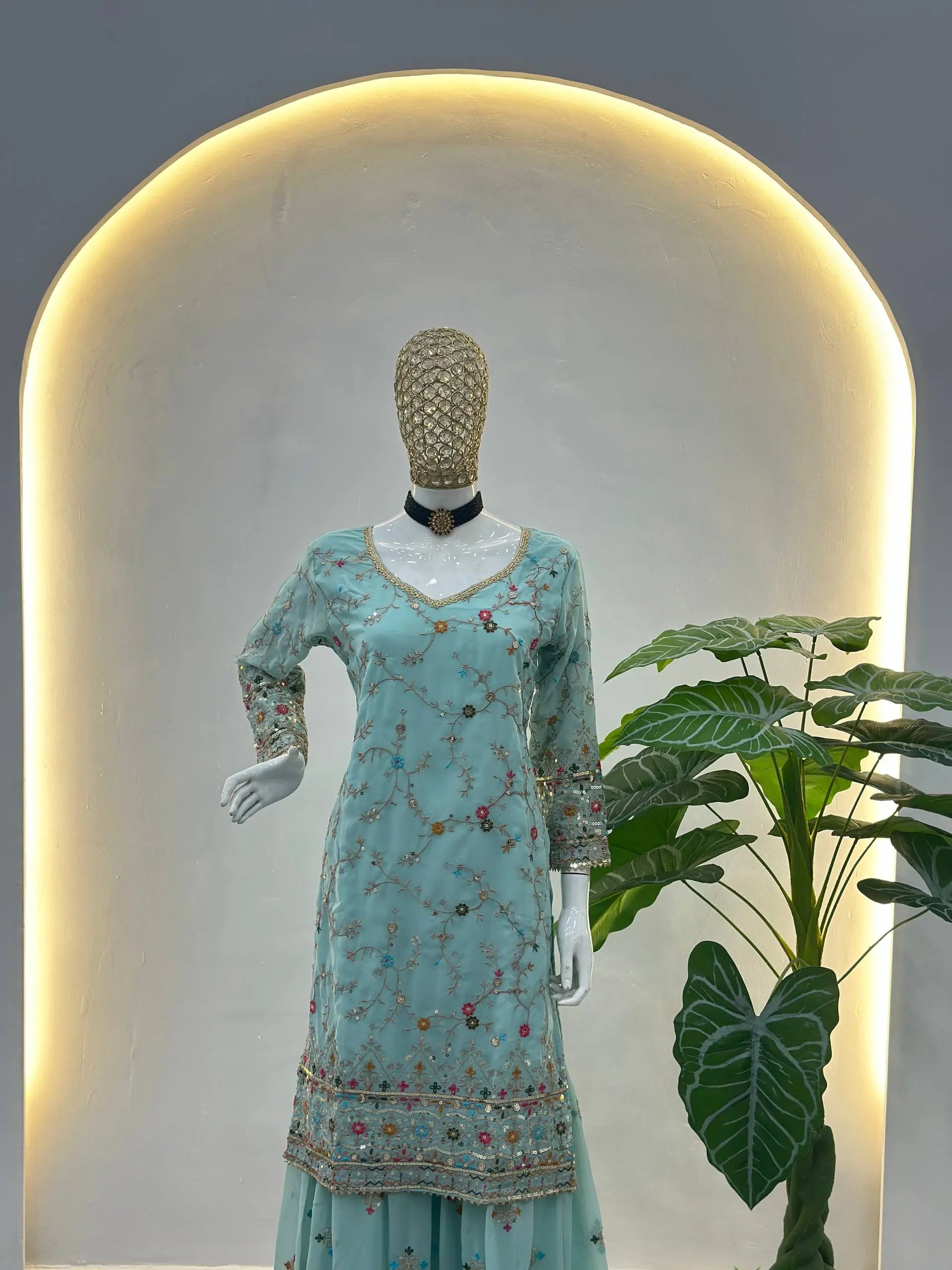 Embroidered Faux Georgette Kurti Sharara Set