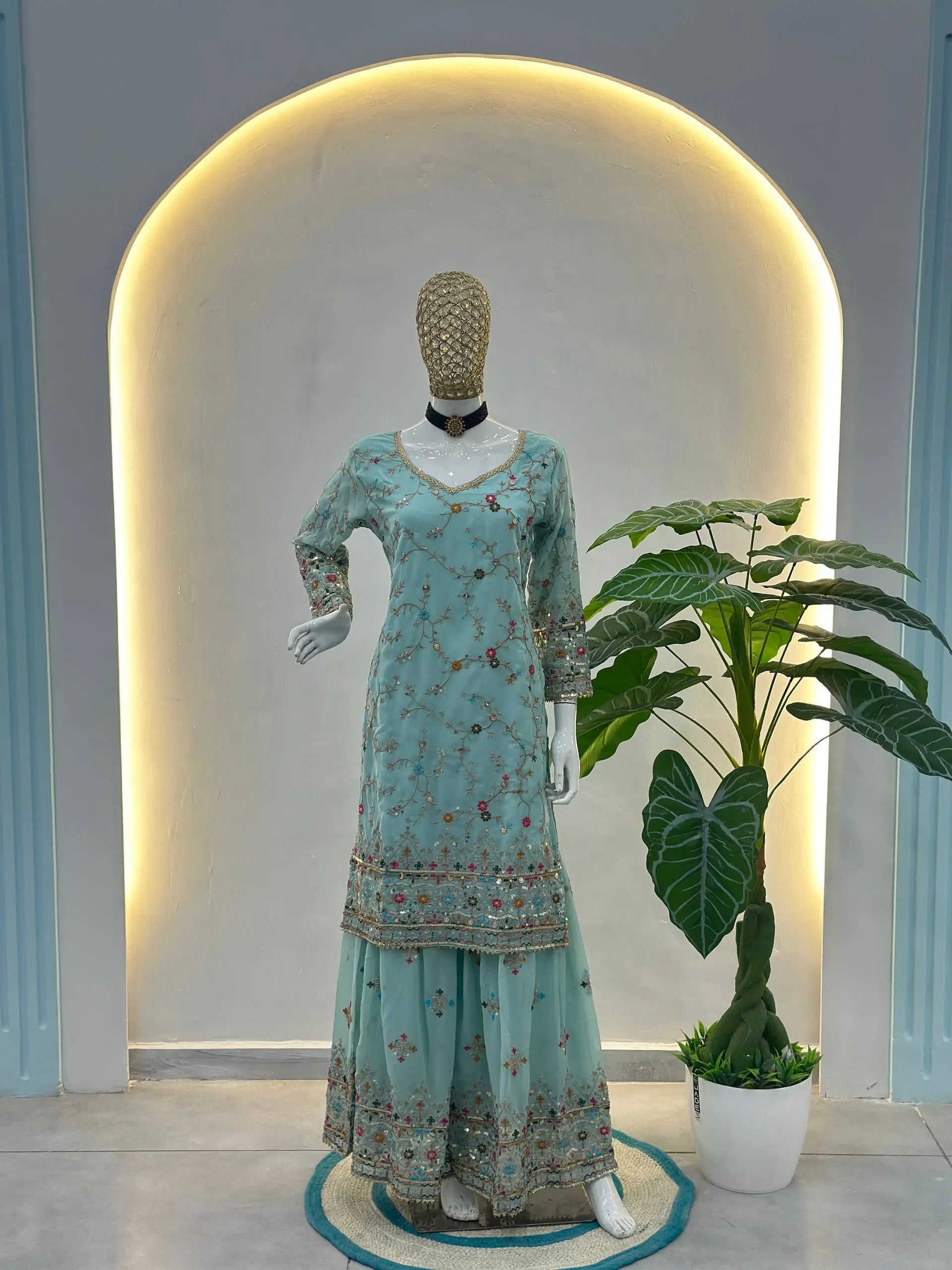 Embroidered Faux Georgette Kurti Sharara Set