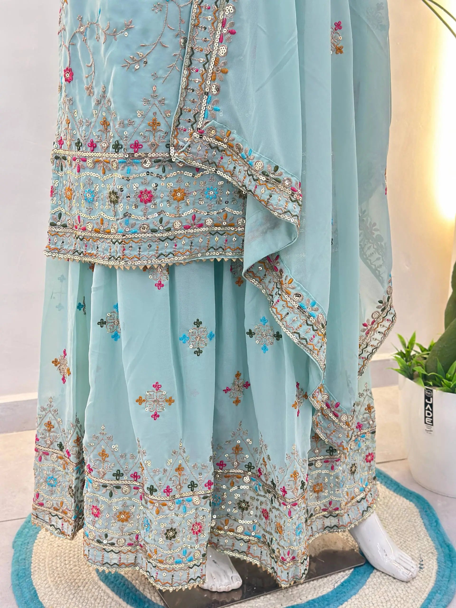 Embroidered Faux Georgette Kurti Sharara Set