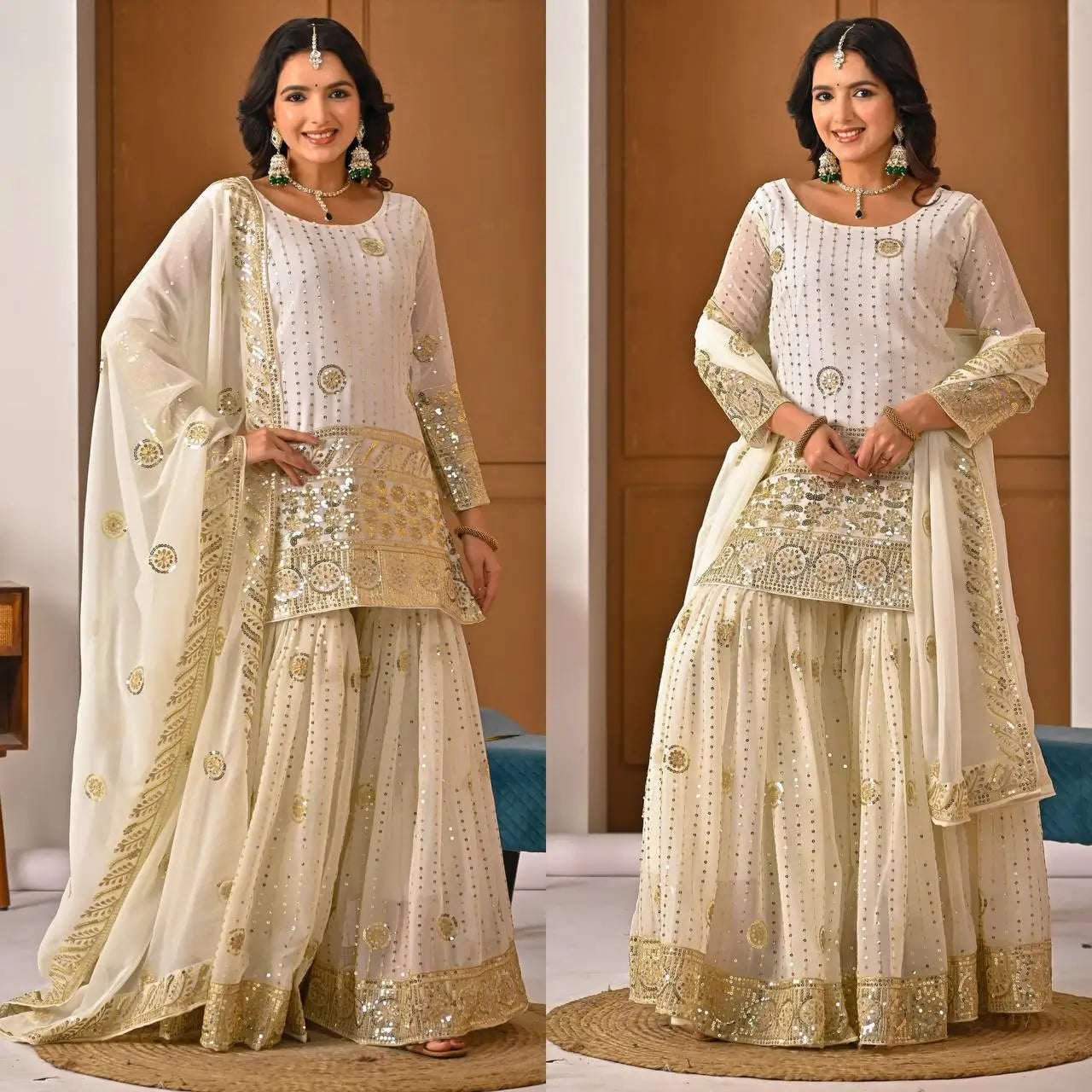 Embroidered Faux Georgette Kurti Sharara Set