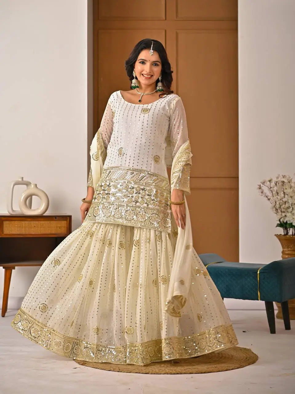 Embroidered Faux Georgette Kurti Sharara Set