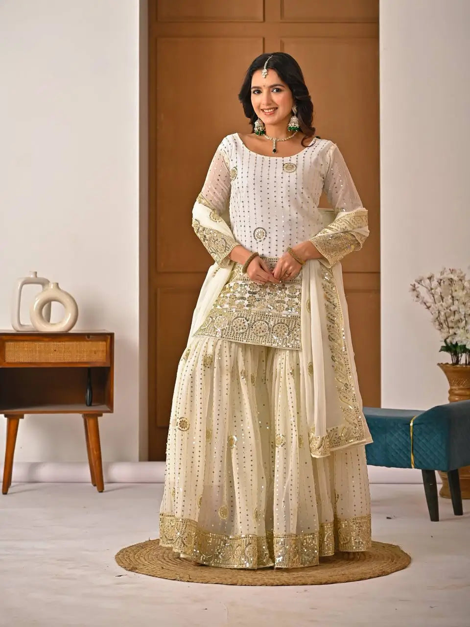 Embroidered Faux Georgette Kurti Sharara Set