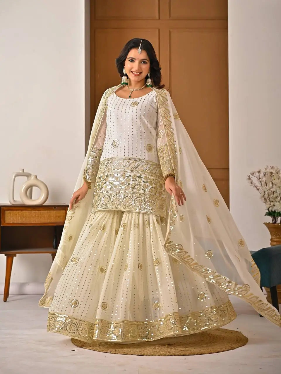 Embroidered Faux Georgette Kurti Sharara Set