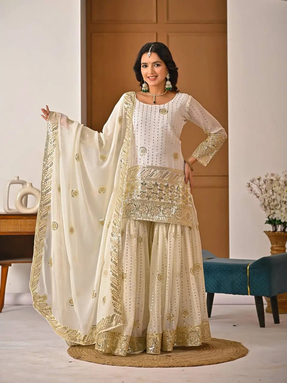 Embroidered Faux Georgette Kurti Sharara Set