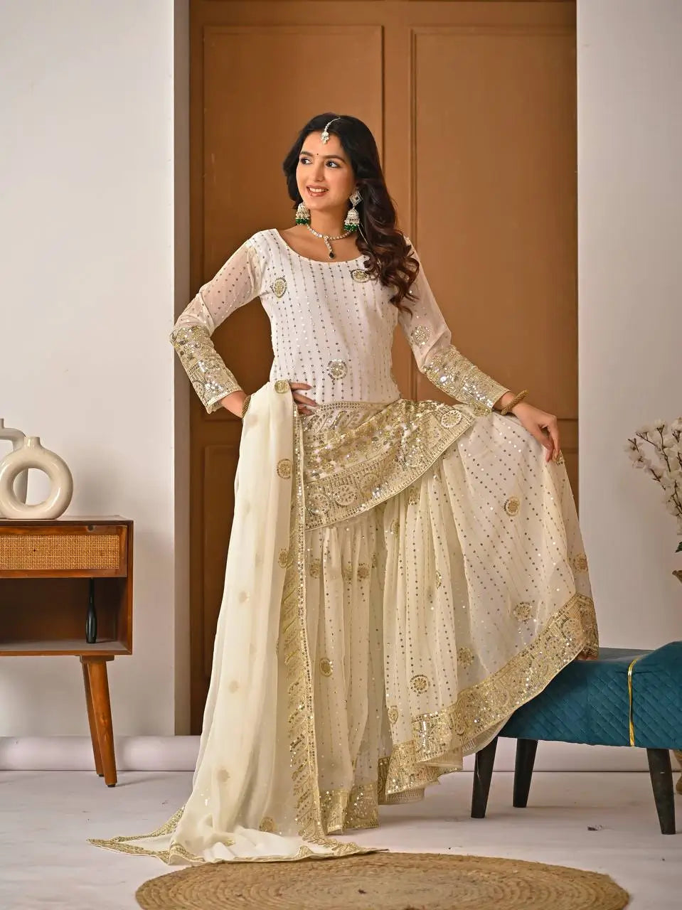 Embroidered Faux Georgette Kurti Sharara Set