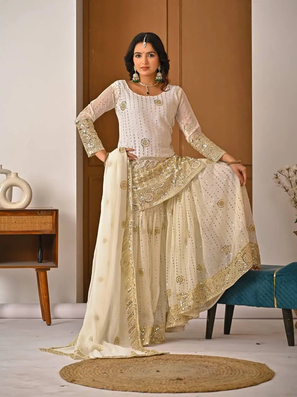 Embroidered Faux Georgette Kurti Sharara Set