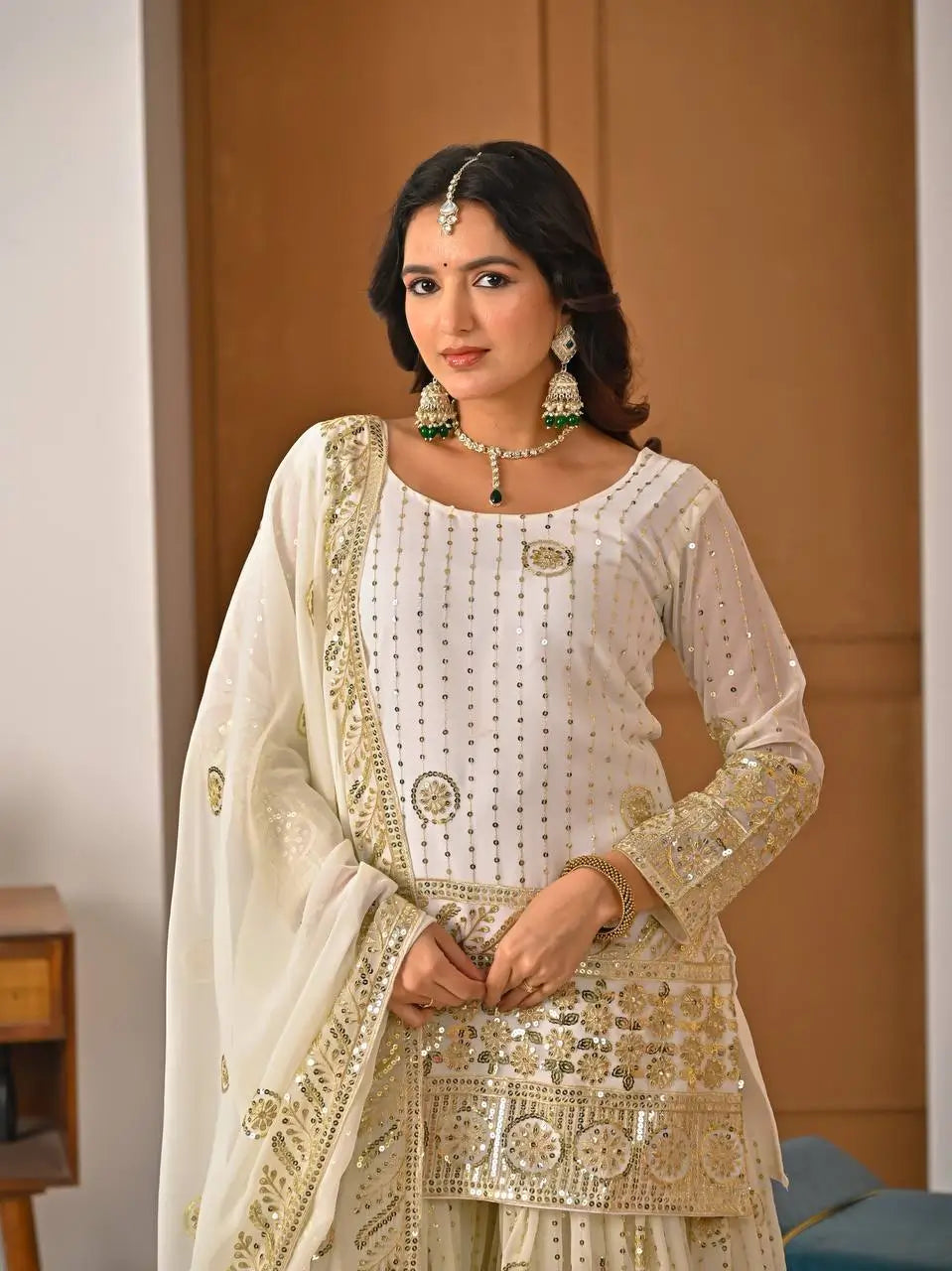Embroidered Faux Georgette Kurti Sharara Set