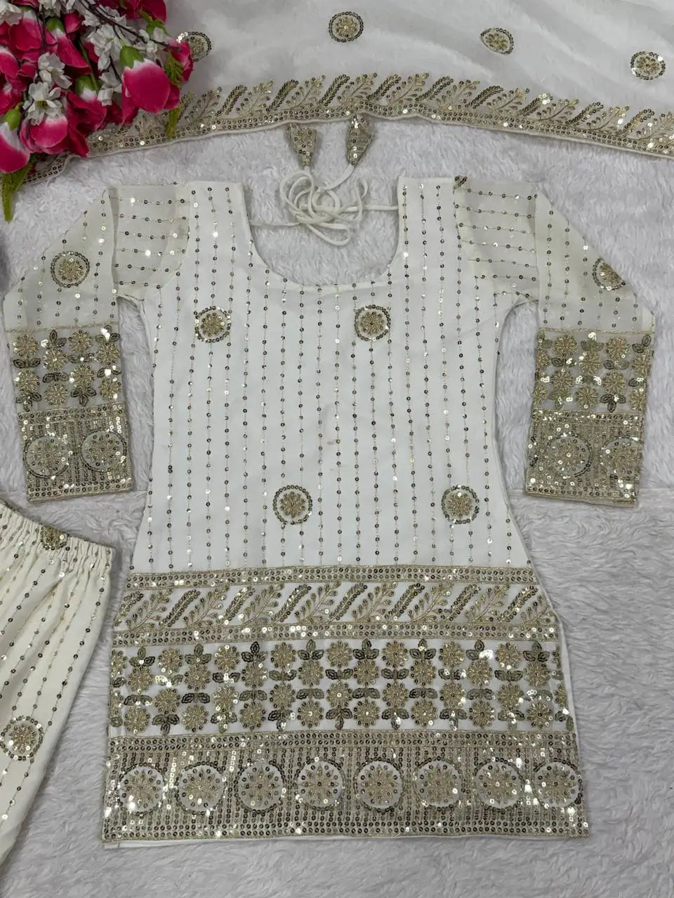 Embroidered Faux Georgette Kurti Sharara Set