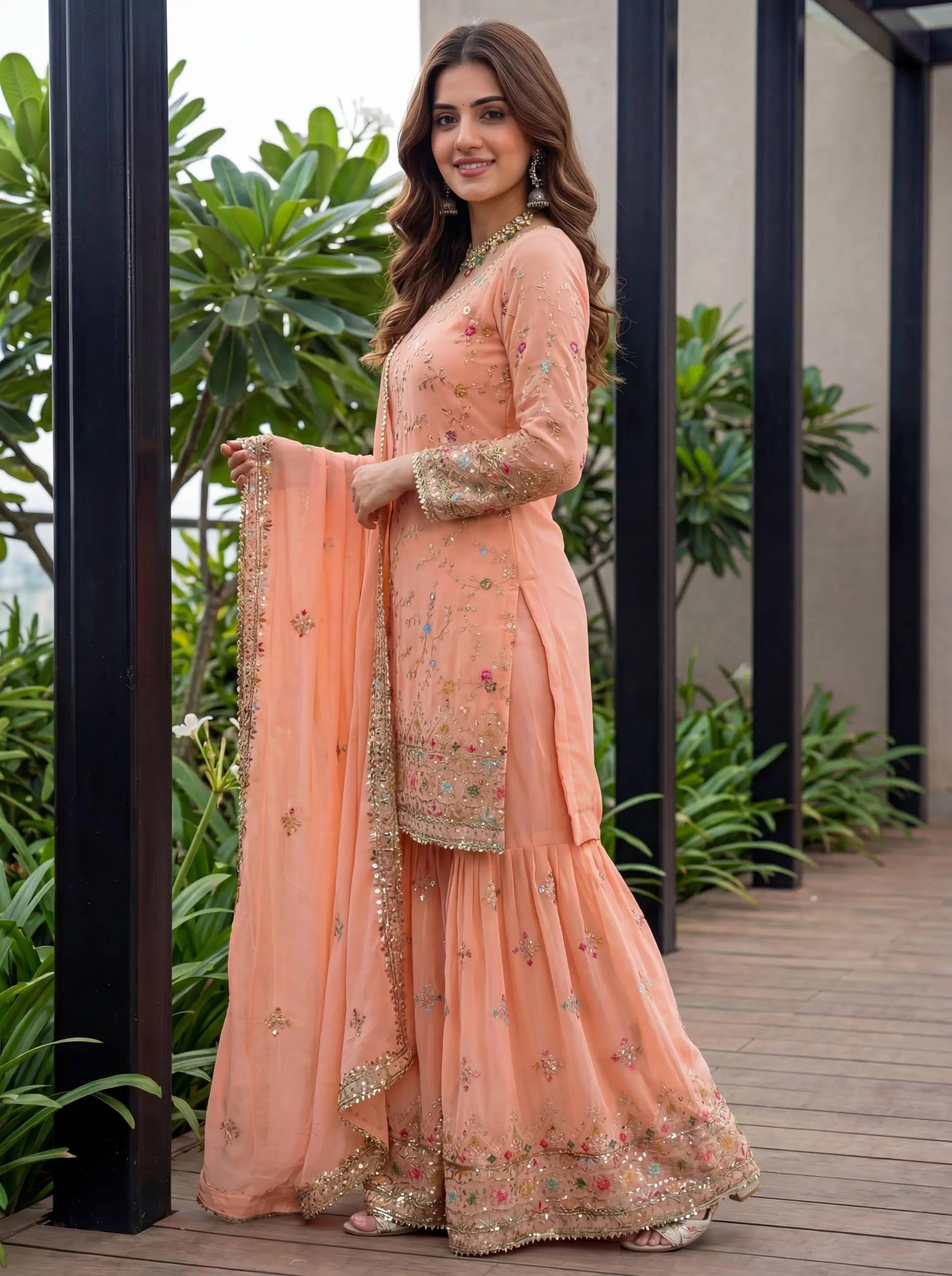 Embroidered Faux Georgette Kurti Sharara Set