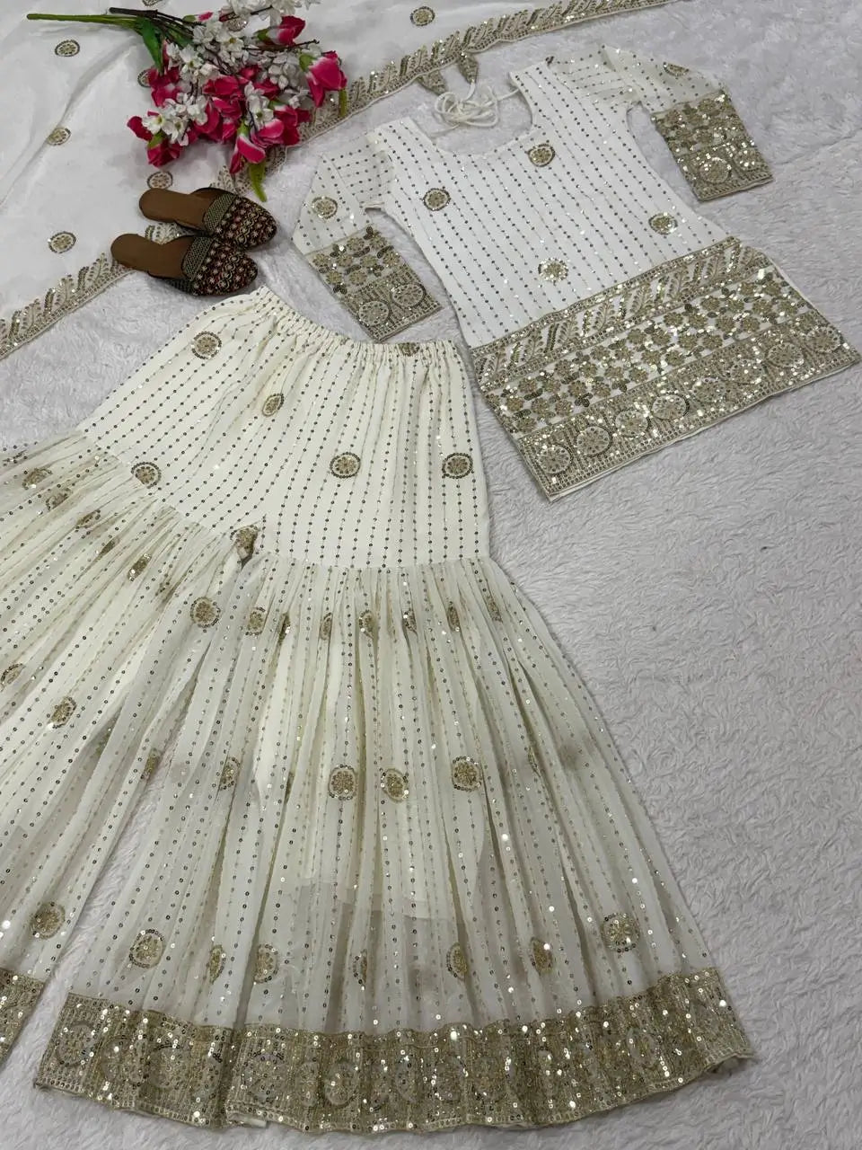 Embroidered Faux Georgette Kurti Sharara Set